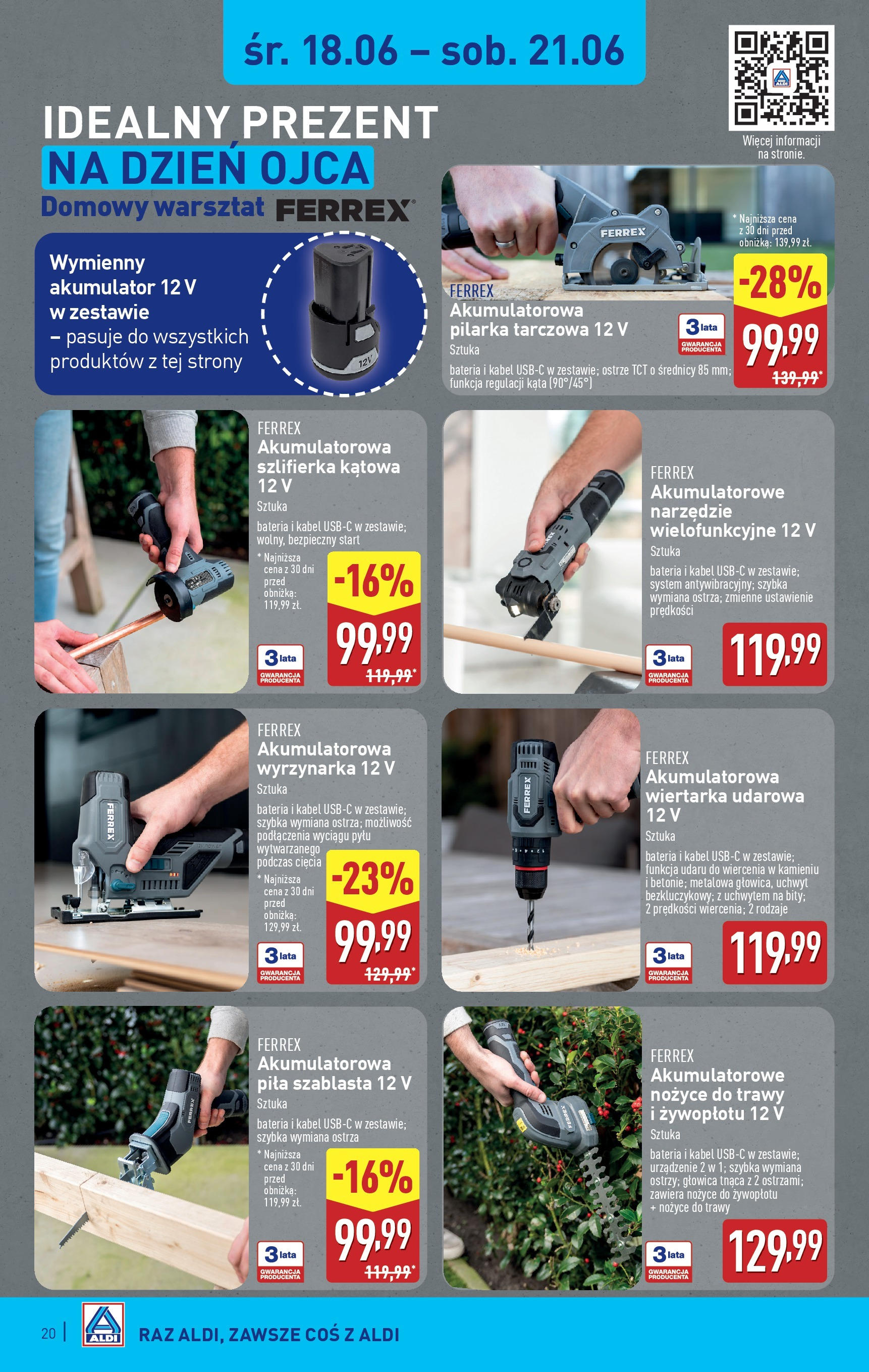 Aldi Gazetka od 16.06.2025 - Ulotka PDF, promocje | Strona: 20 | Produkty: Kabel, Bateria, Szlifierka, Nożyce do żywopłotu