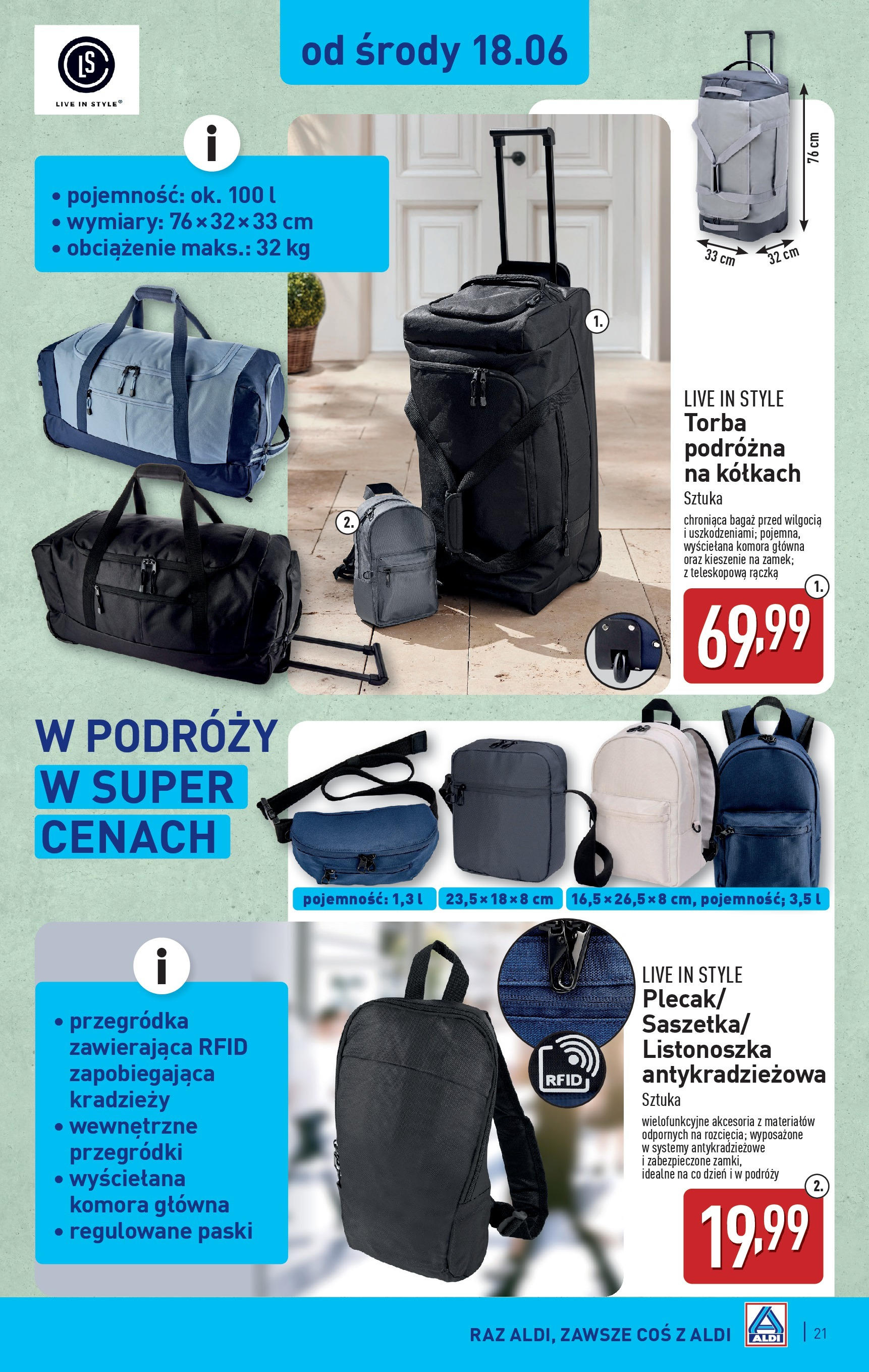 Aldi Gazetka od 16.06.2025 - Ulotka PDF, promocje | Strona: 21 | Produkty: Torba podróżna, Torba