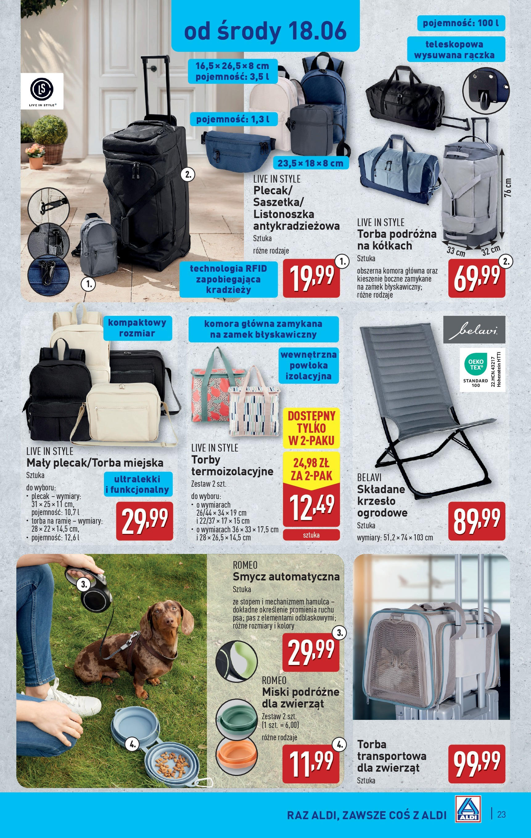 Aldi Gazetka od 16.06.2025 - Ulotka PDF, promocje | Strona: 23 | Produkty: Plecak, Torba podróżna, Krzesło, Krzesło ogrodowe