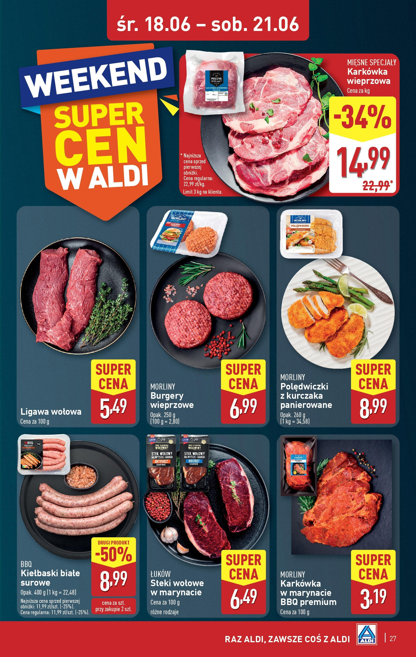 Aldi Gazetka od 16.06.2025 - Ulotka PDF, promocje | Strona: 27 | Produkty: Karkówka, Karkówka wieprzowa, Steki, Kiełbaski