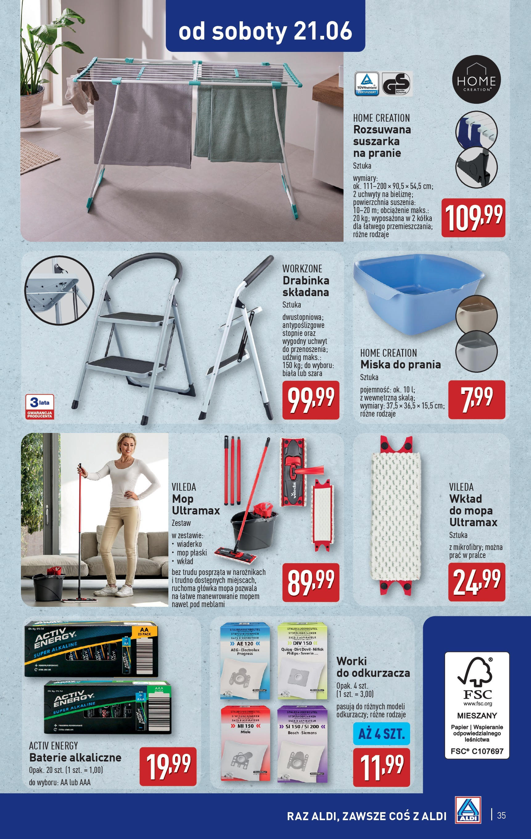 Aldi Gazetka od 16.06.2025 - Ulotka PDF, promocje | Strona: 35 | Produkty: Suszarka na pranie, Baterie, Cleaner, Vileda