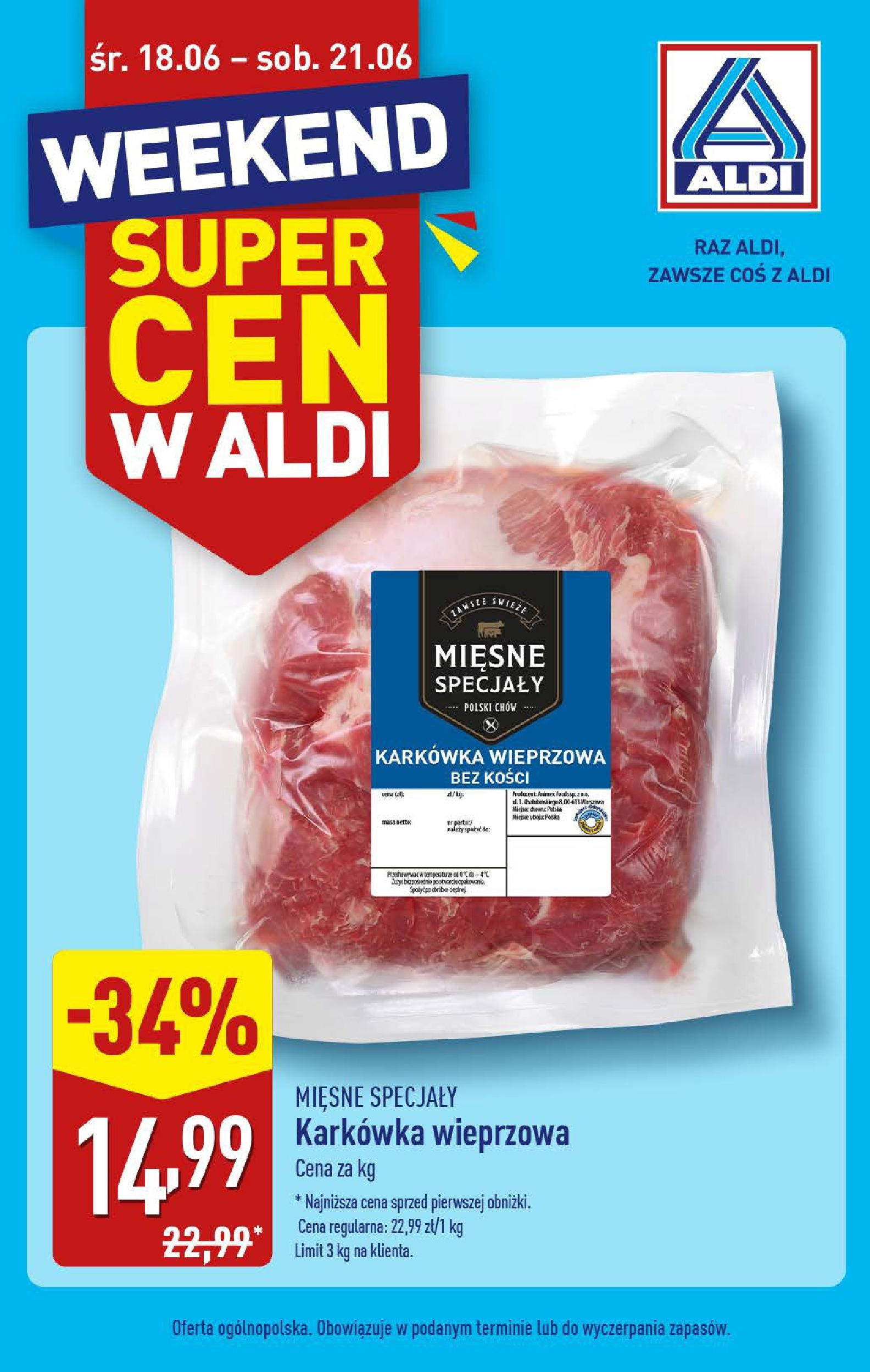 Aldi - Aldi od środy ważne do 21.06 od 17.06.2025 - Ulotka PDF, promocje | Strona: 1 | Produkty: Karkówka, Karkówka wieprzowa