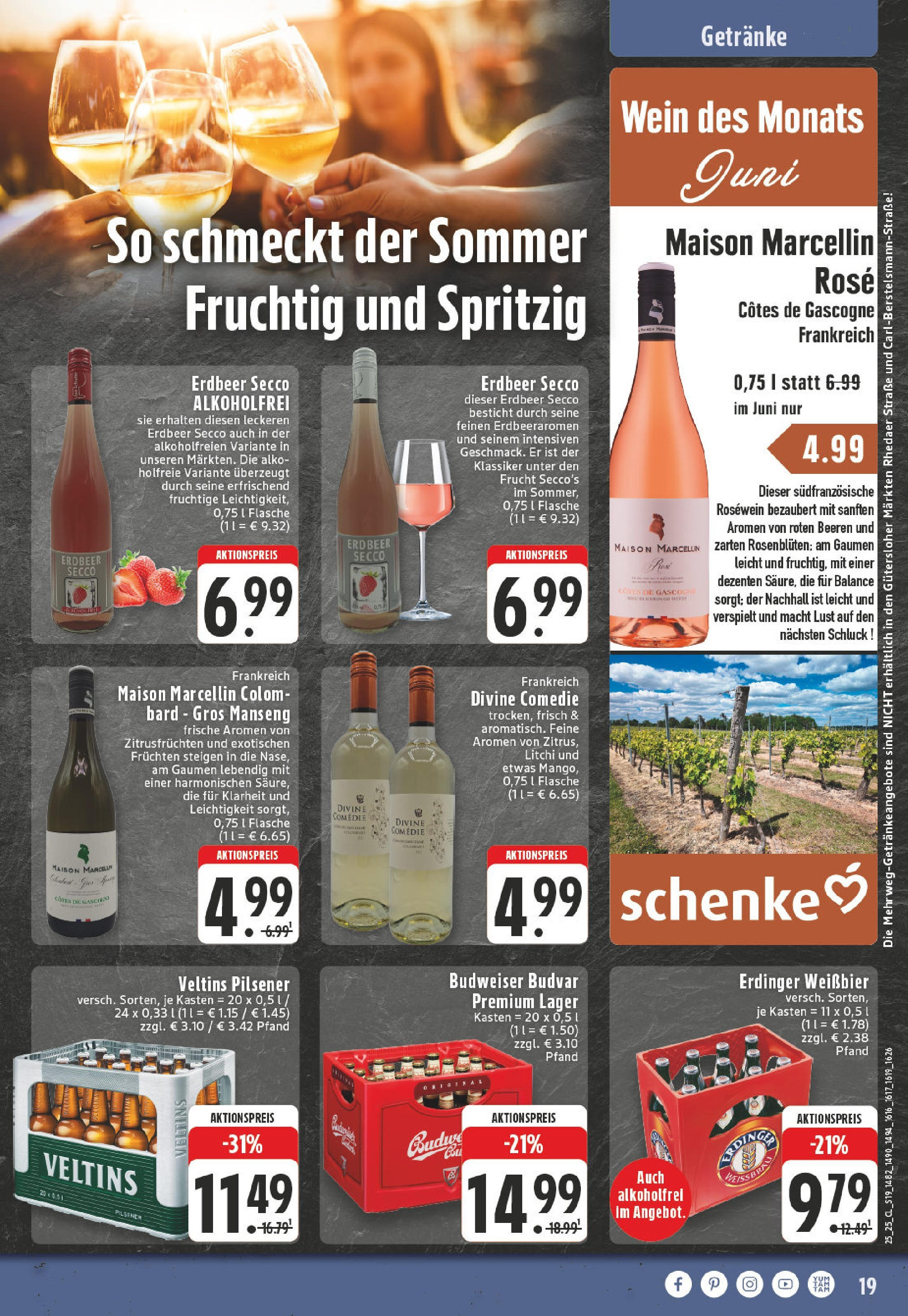 Edeka prospekt Guetersloh	 (ab 15.06.2025) » Angebote Online | Seite: 19 | Produkte: Erdinger, Weißbier, Rosewein, Budweiser