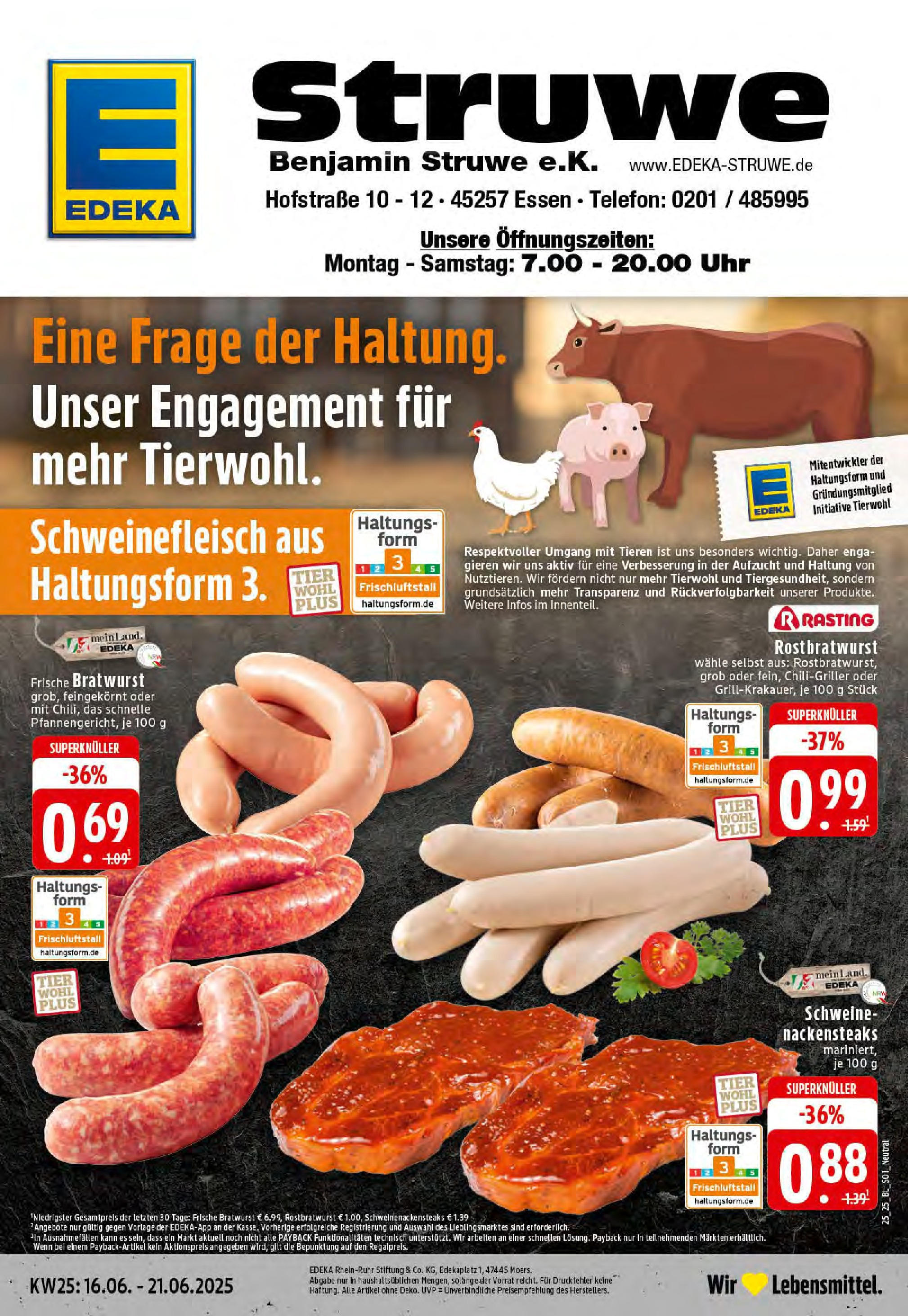 Edeka prospekt Essen	 (ab 15.06.2025) » Angebote Online | Seite: 1 | Produkte: Bratwurst, Schweinefleisch, Steak, Telefon