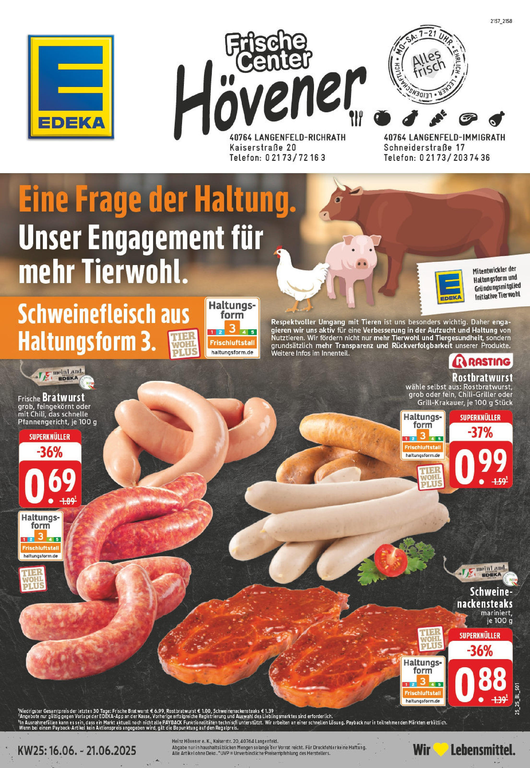 Edeka prospekt Langenfeld - Richrath	 (ab 15.06.2025) » Angebote Online | Seite: 1 | Produkte: Nackensteaks, Bratwurst, Wurst, Schweinefleisch