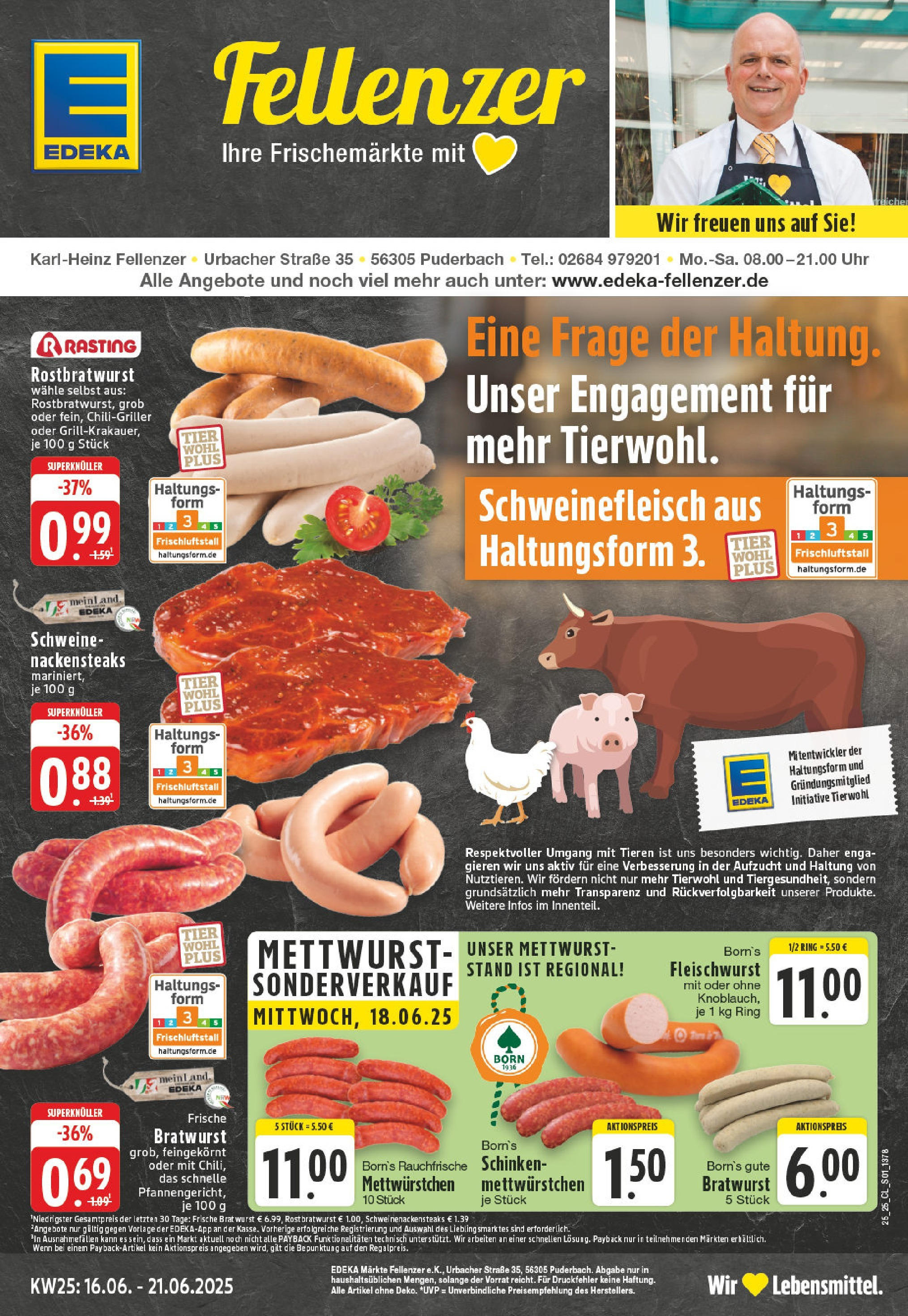 Edeka prospekt Puderbach	 (ab 15.06.2025) » Angebote Online | Seite: 1 | Produkte: Bratwurst, Wurst, Schinken, Schweinefleisch