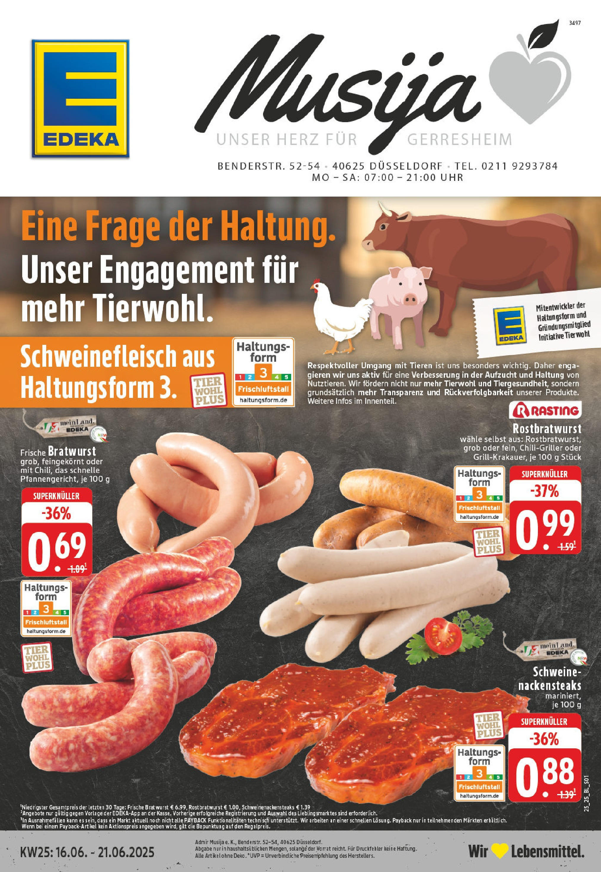 Edeka prospekt Düssseldorf	 (ab 15.06.2025) » Angebote Online | Seite: 1 | Produkte: Nackensteaks, Wurst, Schweinefleisch, Uhr