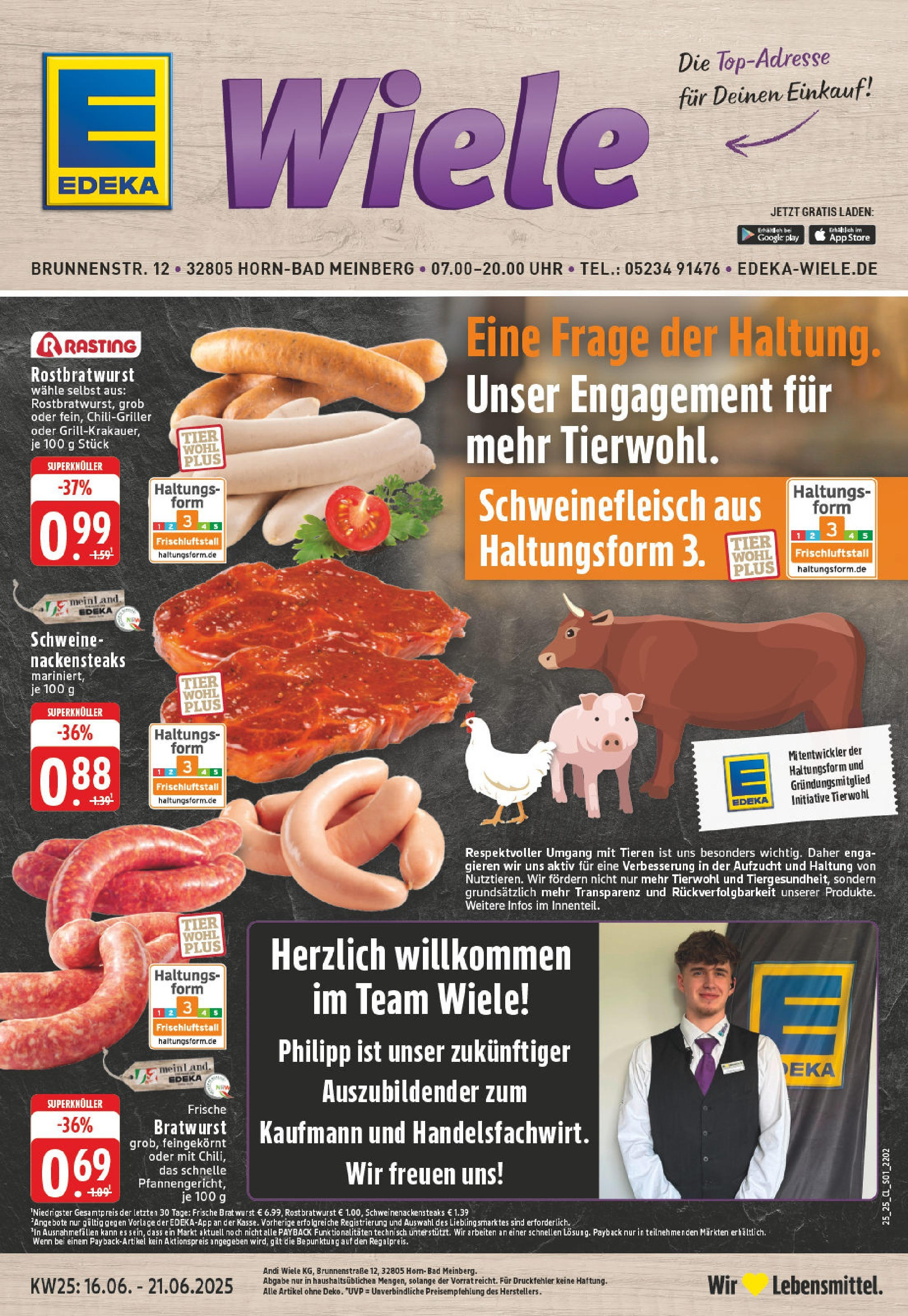 Edeka prospekt Horn-Bad Meinberg	 (ab 15.06.2025) » Angebote Online | Seite: 1 | Produkte: Bratwurst, Schweinefleisch, Steak, Uhr