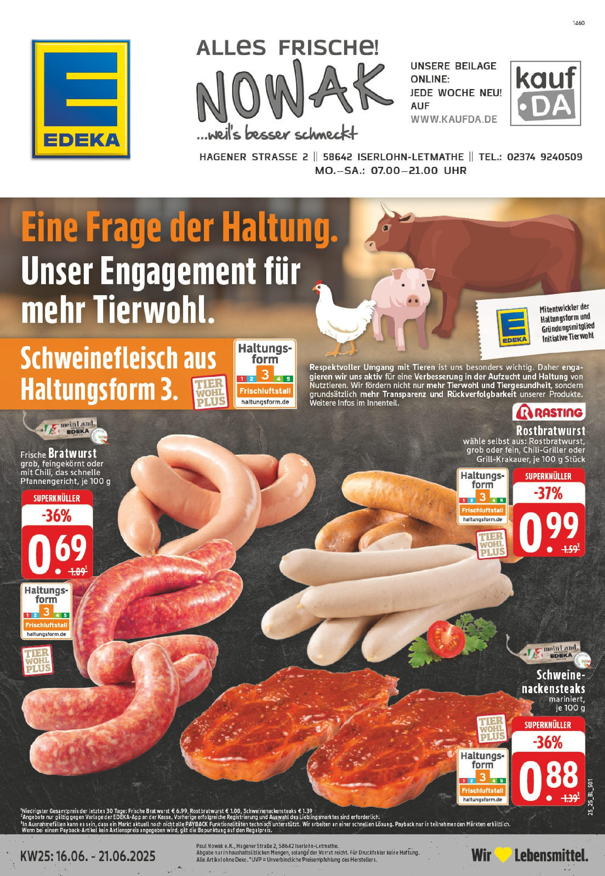 Edeka prospekt Iserlohn-Letmathe	 (ab 15.06.2025) » Angebote Online | Seite: 1 | Produkte: Bratwurst, Wurst, Schweinefleisch, Uhr