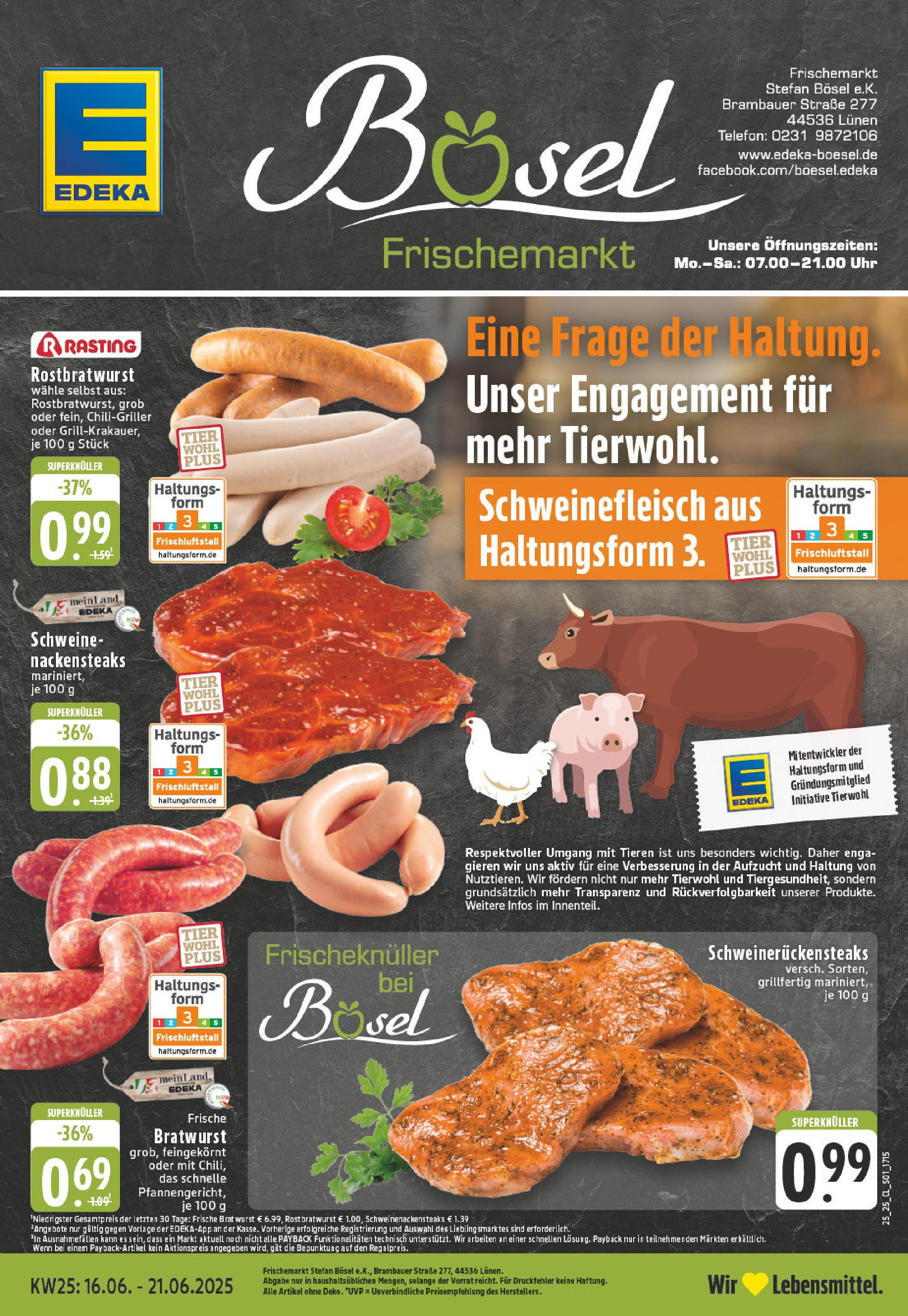 Edeka prospekt Lünen-Brambauer	 (ab 15.06.2025) » Angebote Online | Seite: 1 | Produkte: Nackensteaks, Bratwurst, Schweinefleisch, Uhr