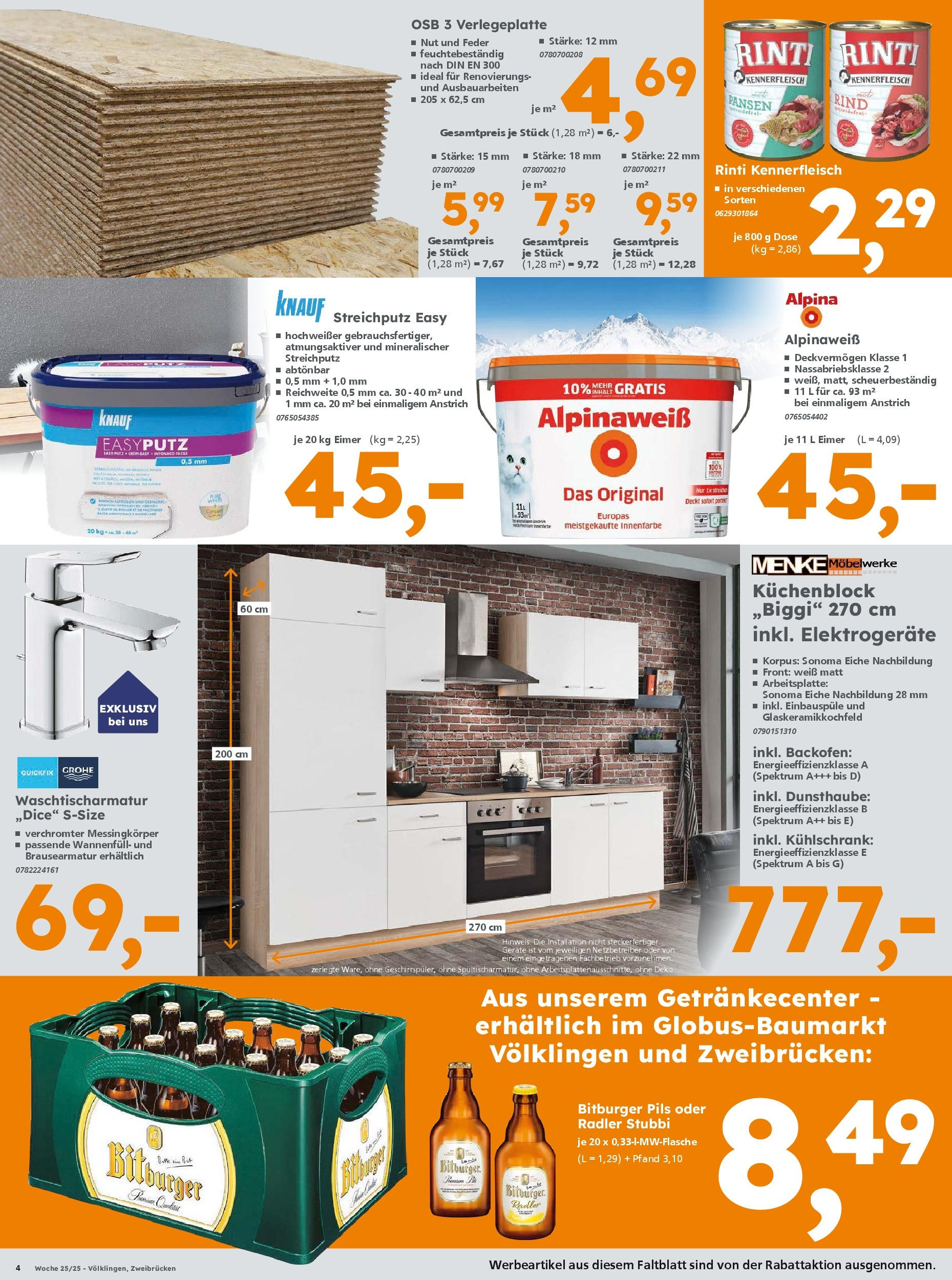 Globus Baumarkt prospekt Heusweiler	 (ab 15.06.2025) zum Blättern | Seite: 6 | Produkte: Bitburger, Küchenblock, Kühlschrank, Backofen