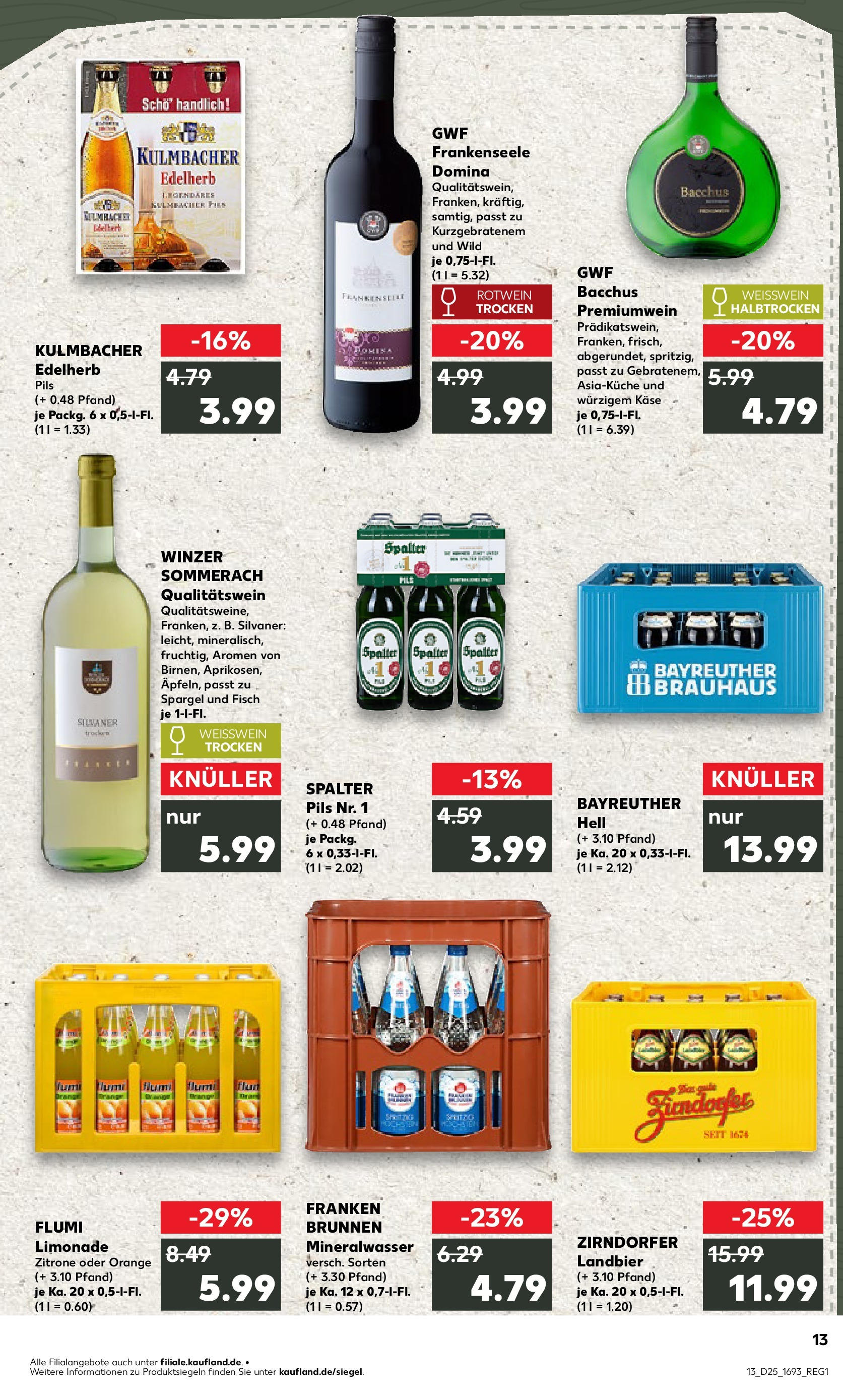 Prospekt Kaufland ab 18.06.2025 » Angebote Online zum Blättern | Seite: 13 | Produkte: Bayreuther hell, Weißwein, Mineralwasser, Fisch