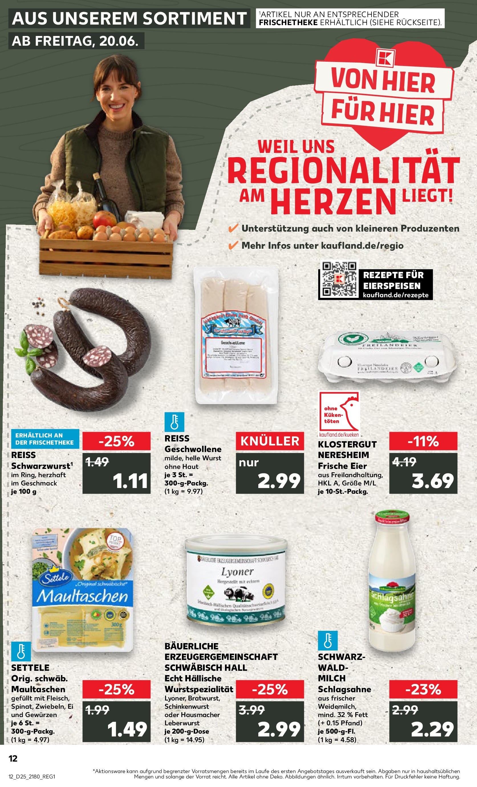 Prospekt Kaufland ab 18.06.2025 » Angebote Online zum Blättern | Seite: 12 | Produkte: Schlagsahne, Milch, Eier, Maultaschen