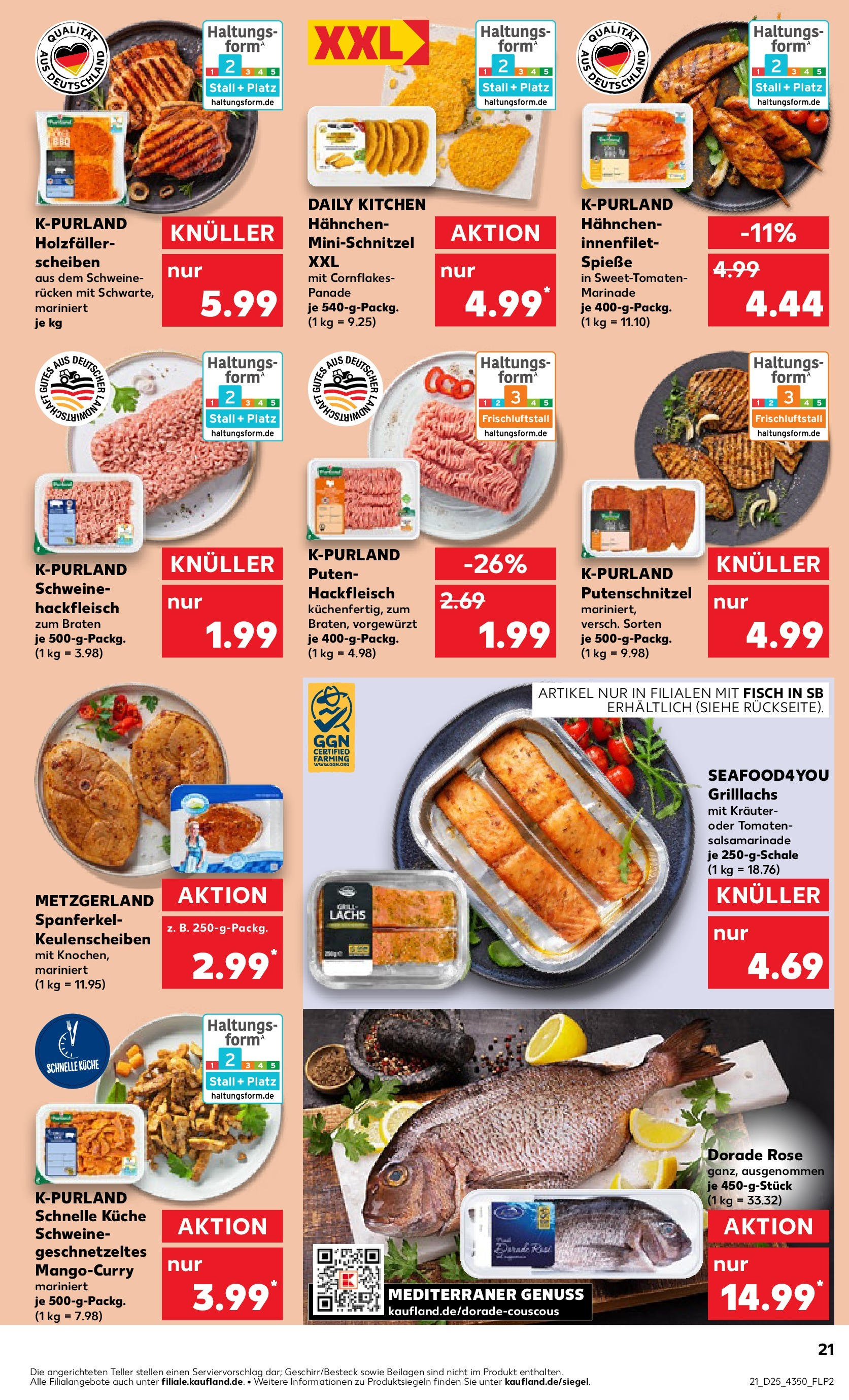 Prospekt Kaufland ab 18.06.2025 » Angebote Online zum Blättern | Seite: 21 | Produkte: Dorade, Lachs, Putenschnitzel, Hackfleisch