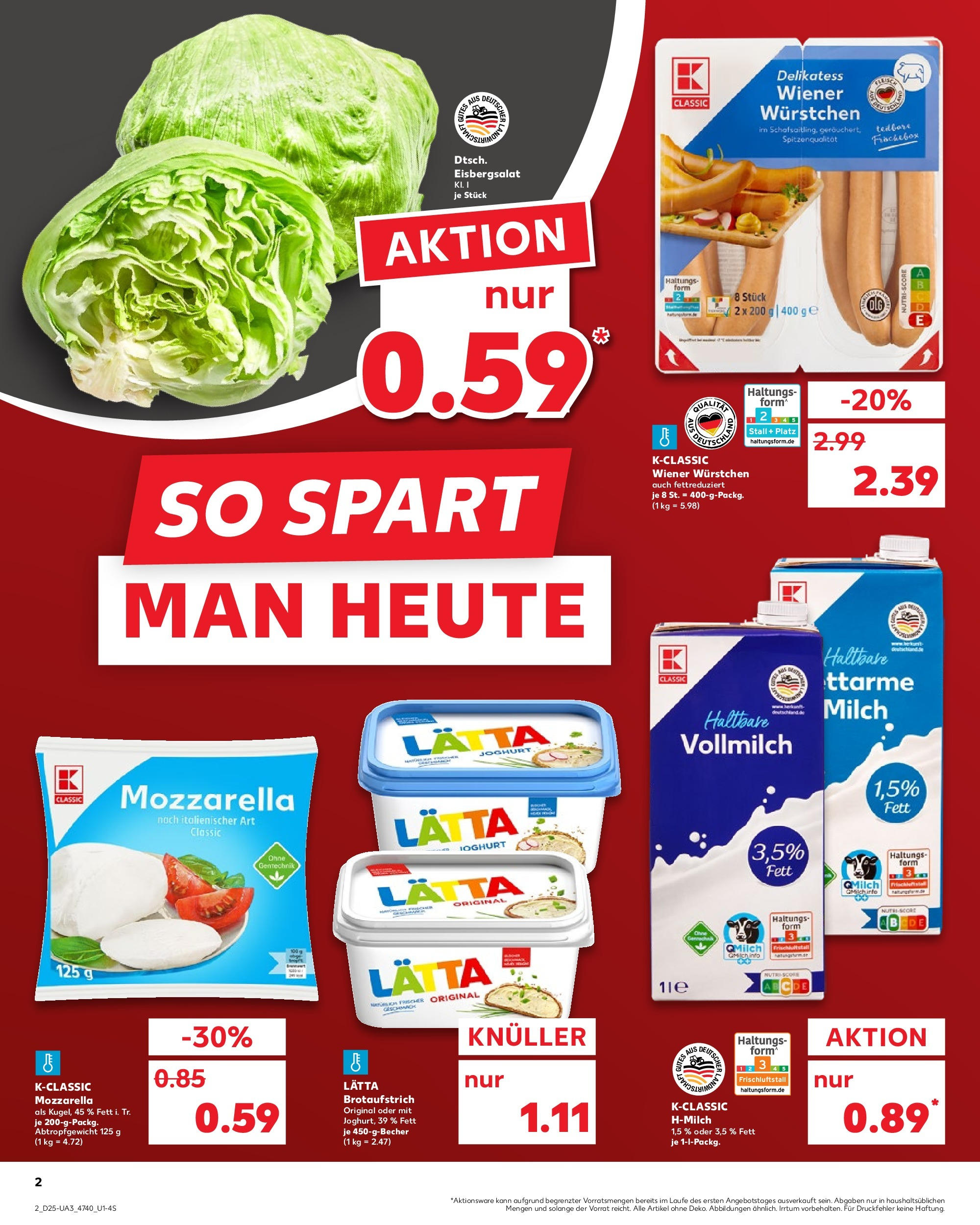 Prospekt Kaufland ab 18.06.2025 » Angebote und Werbung Online | Seite: 2 | Produkte: Milch, Mozzarella, Eisbergsalat, Lätta Prospekt Kaufland ab 18.06.2025 » Angebote Online zum Blättern | Seite: 2 | Produkte: Milch, Mozzarella, Eisbergsalat, Lätta