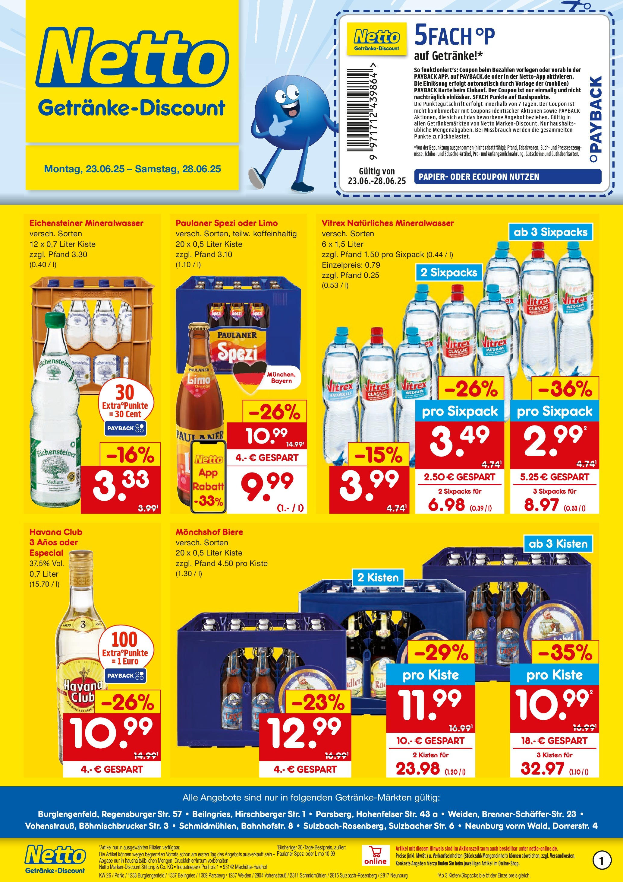 Netto Marken-Discount prospekt Sulzbach-Rosenberg	 (ab 22.06.2025) » Angebote | Seite: 1 | Produkte: Havana club, Monchshof, Paulaner spezi, Mineralwasser