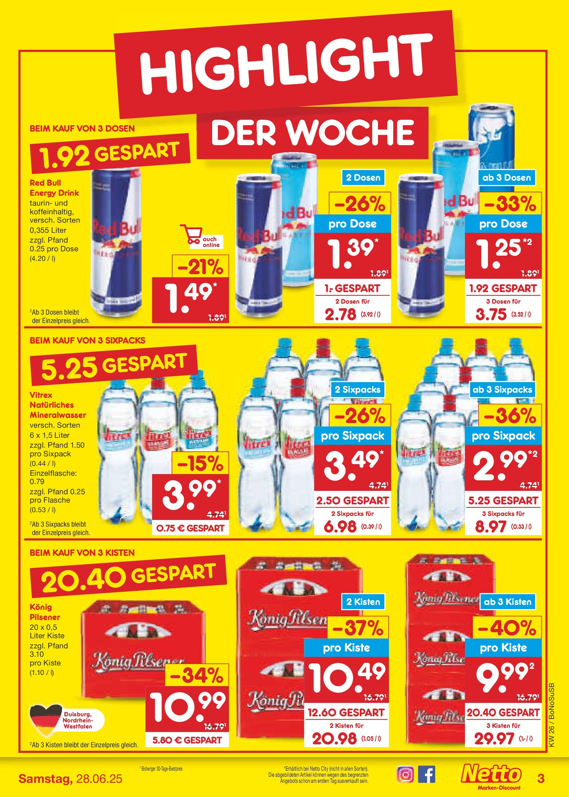 Netto Marken-Discount prospekt Herne (ab 22.06.2025) » Angebote | Seite: 3 | Produkte: Red bull, Konig pilsener, Energy, Mineralwasser Netto Marken-Discount prospekt Herne (ab 22.06.2025) » Angebote | Seite: 3 | Produkte: Red bull, Konig pilsener, Energy, Mineralwasser