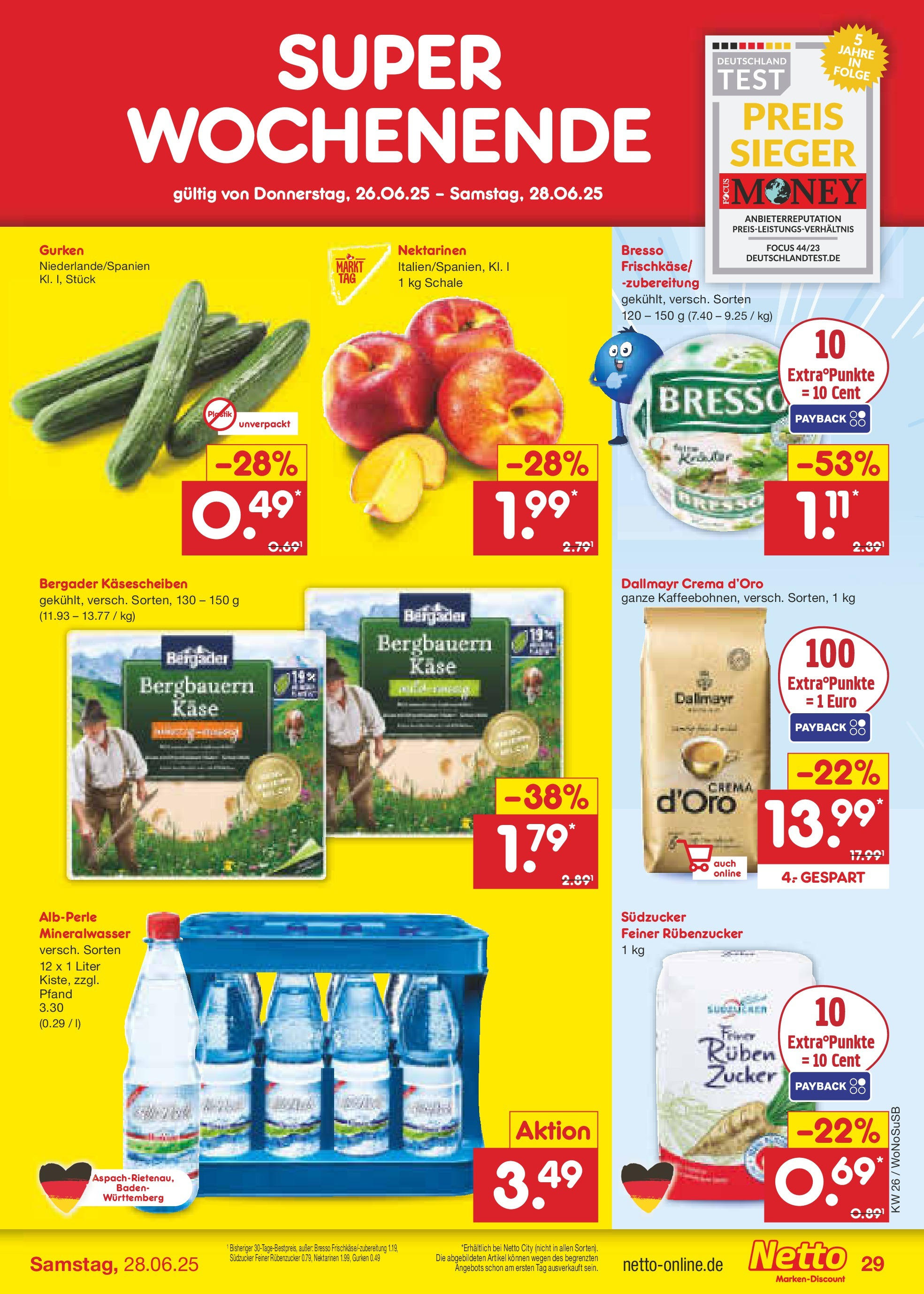 Netto Marken-Discount prospekt Lahnau (ab 22.06.2025) » Angebote | Seite: 43 | Produkte: Bresso, Mineralwasser, Dallmayr, Gurken Netto Marken-Discount prospekt Lahnau (ab 22.06.2025) » Angebote | Seite: 43 | Produkte: Bresso, Mineralwasser, Dallmayr, Gurken