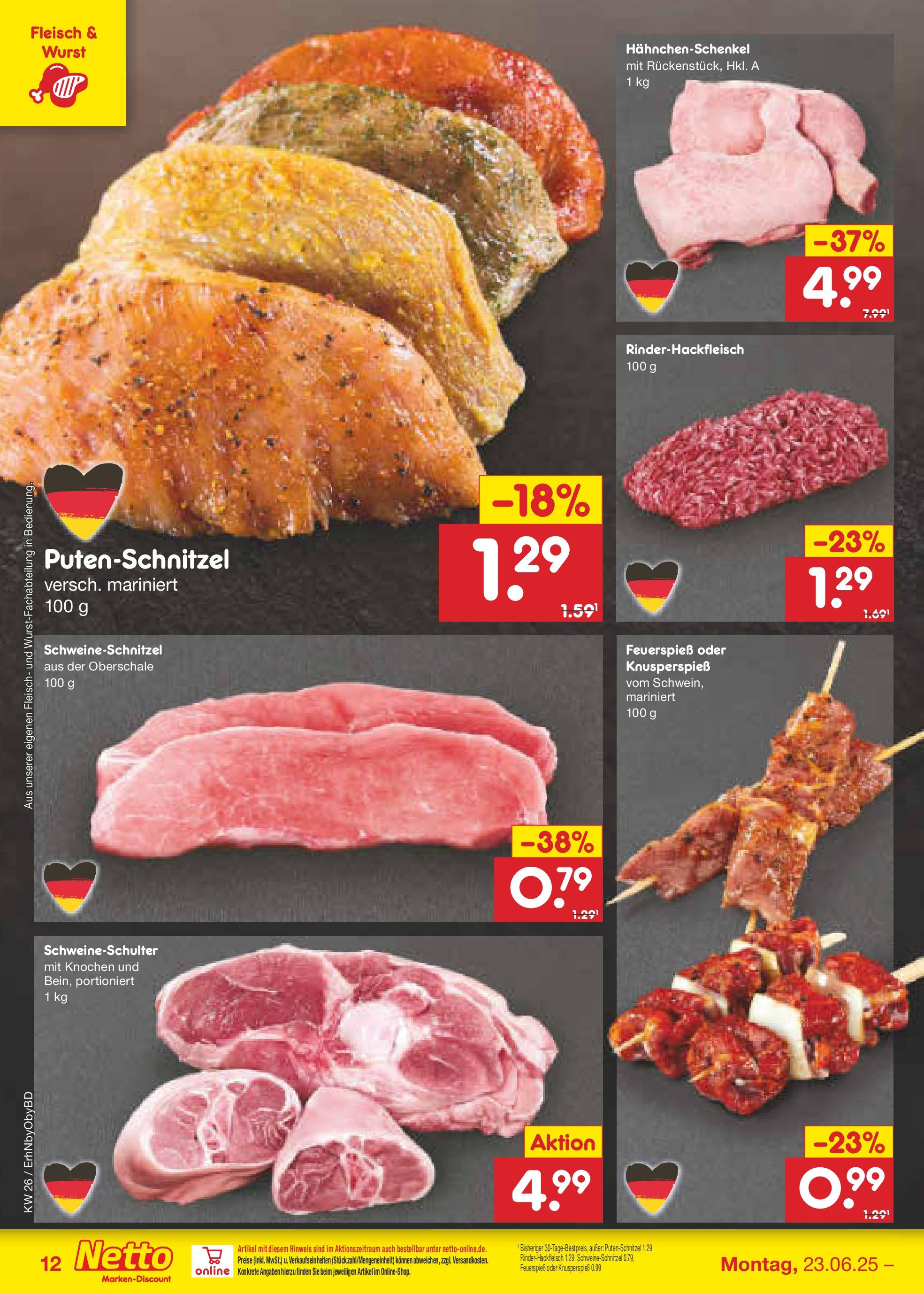 Netto Marken-Discount prospekt Ergolding (ab 22.06.2025) » Angebote | Seite: 18 | Produkte: Hahnchenschenkel, Putenschnitzel, Wurst, Fleisch Netto Marken-Discount prospekt Ergolding (ab 22.06.2025) » Angebote | Seite: 18 | Produkte: Hahnchenschenkel, Putenschnitzel, Wurst, Fleisch