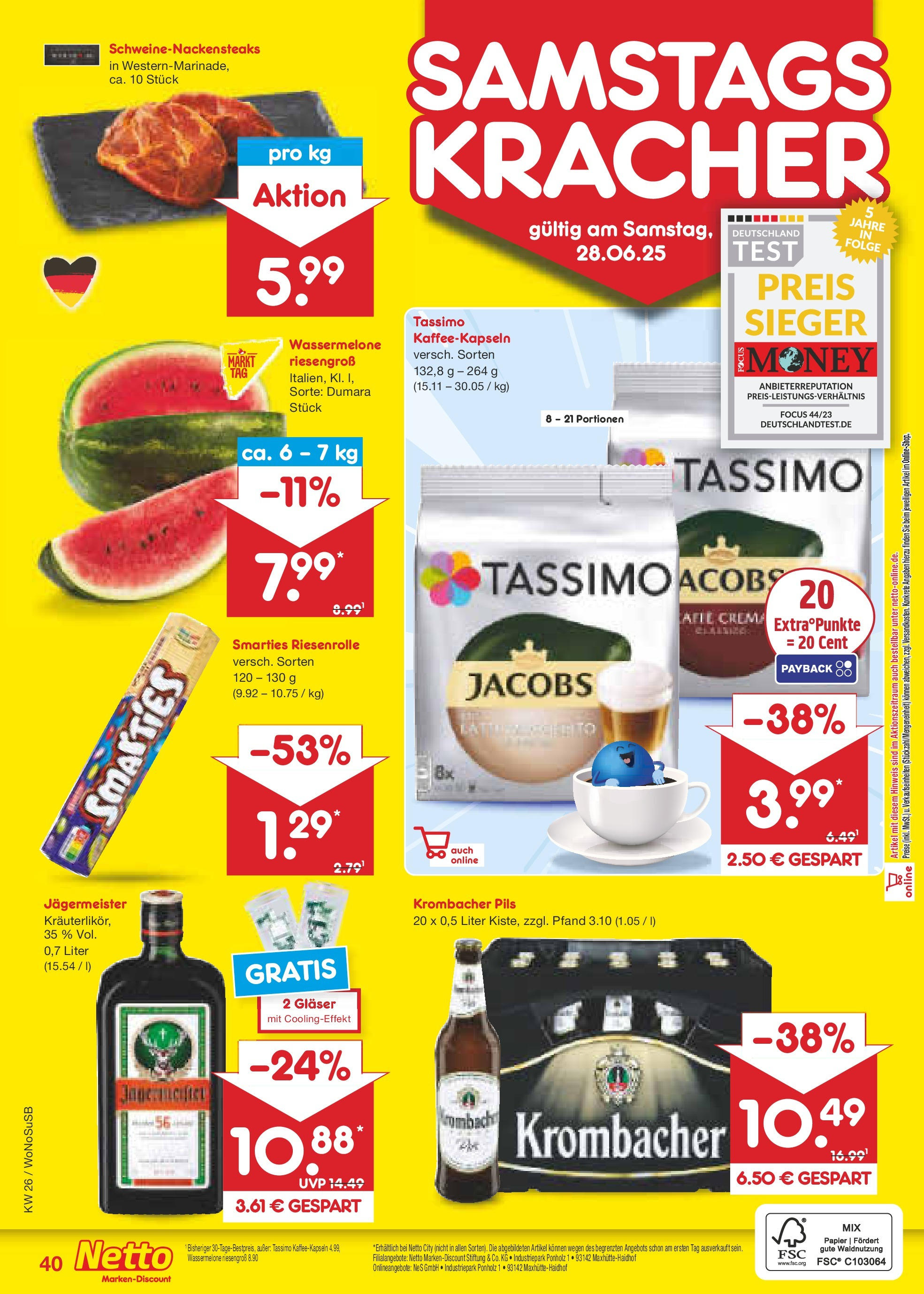Netto Marken-Discount prospekt Lahnau (ab 22.06.2025) » Angebote | Seite: 58 | Produkte: Jägermeister, Wassermelone, Krombacher, Tassimo Netto Marken-Discount prospekt Lahnau (ab 22.06.2025) » Angebote | Seite: 58 | Produkte: Jägermeister, Wassermelone, Krombacher, Tassimo