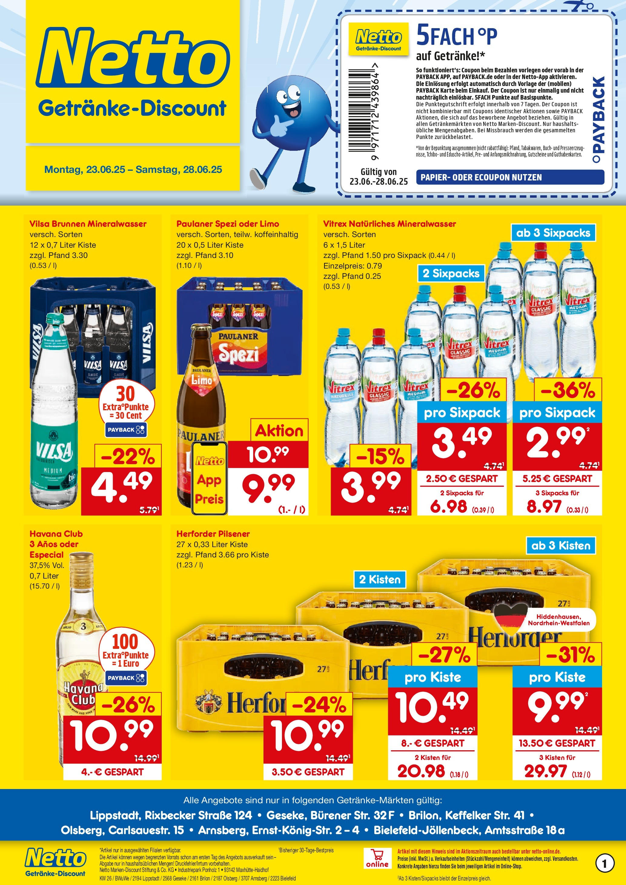 Netto Marken-Discount prospekt Bielefeld-Jöllenbeck	 (ab 22.06.2025) » Angebote | Seite: 1 | Produkte: Havana club, Rum, Mineralwasser, Paulaner