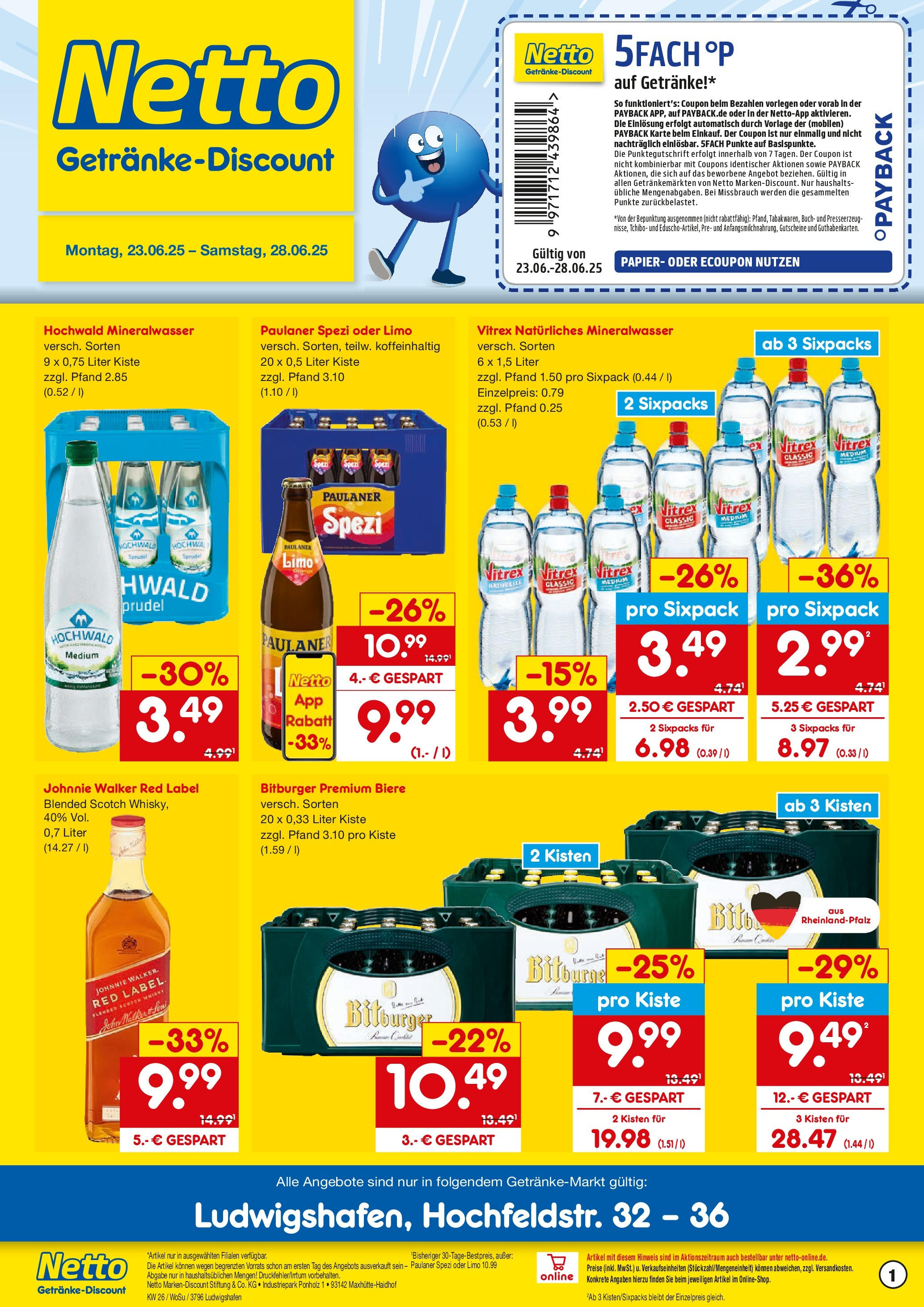 Netto Marken-Discount prospekt Ludwigshafen	 (ab 22.06.2025) » Angebote | Seite: 1 | Produkte: Bitburger, Paulaner spezi, Paulaner, Johnnie walker