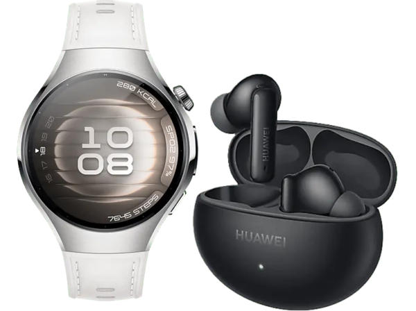 Huawei Watch 5 42mm Edelstahl mit Kompositarmband, Weiß inkl. FreeBuds 6i, Schwarz; Smartwatch