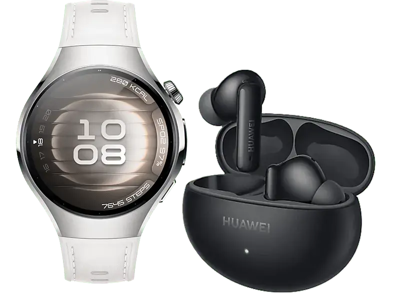 Huawei Watch 5 42mm Edelstahl mit Kompositarmband, Wei&szlig; inkl. FreeBuds 6i, Schwarz; Smartwatch