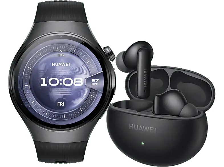 Huawei Watch 5 46mm Edelstahl mit Fluorelastomer-Armband, Schwarz inkl. FreeBuds 6i,; Smartwatch