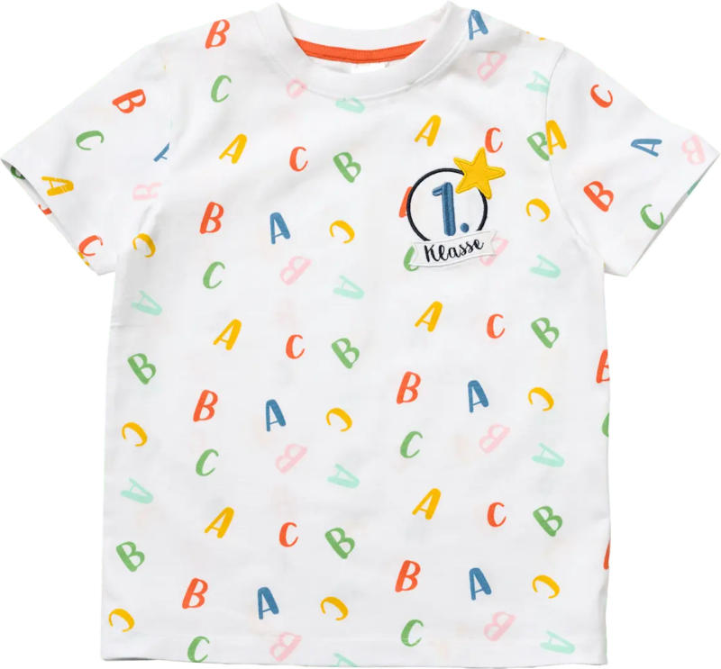ALANA T-Shirt Schulanfang mit "1. Klasse" Patch & ABC-Muster, weiß, Gr. 122