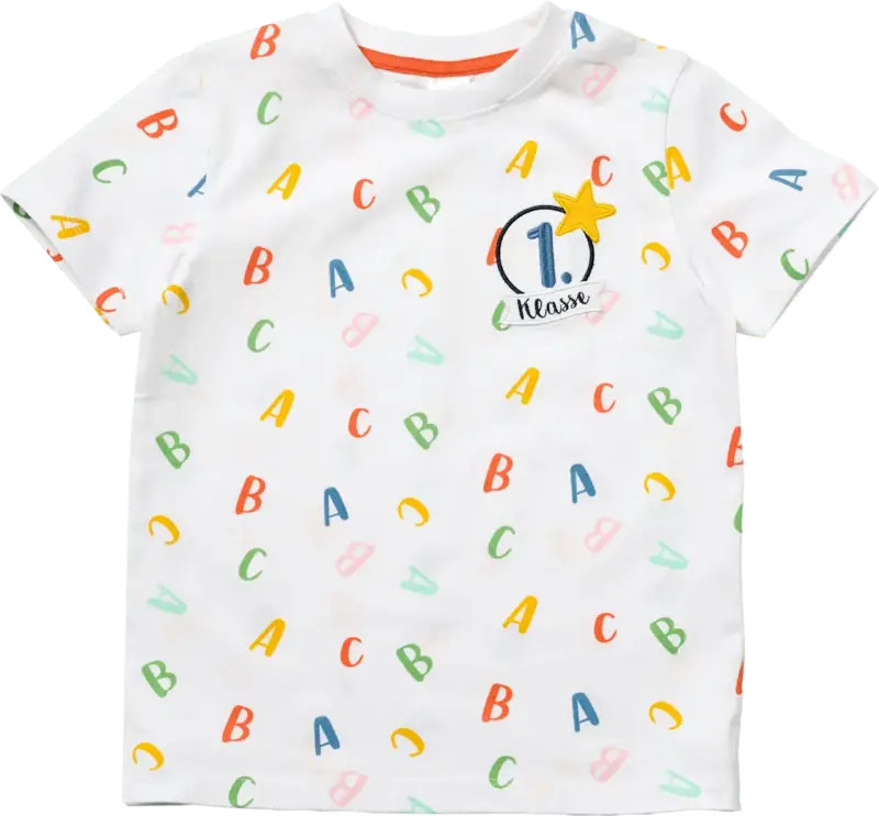 ALANA T-Shirt Schulanfang mit "1. Klasse" Patch & ABC-Muster, weiß, Gr. 128