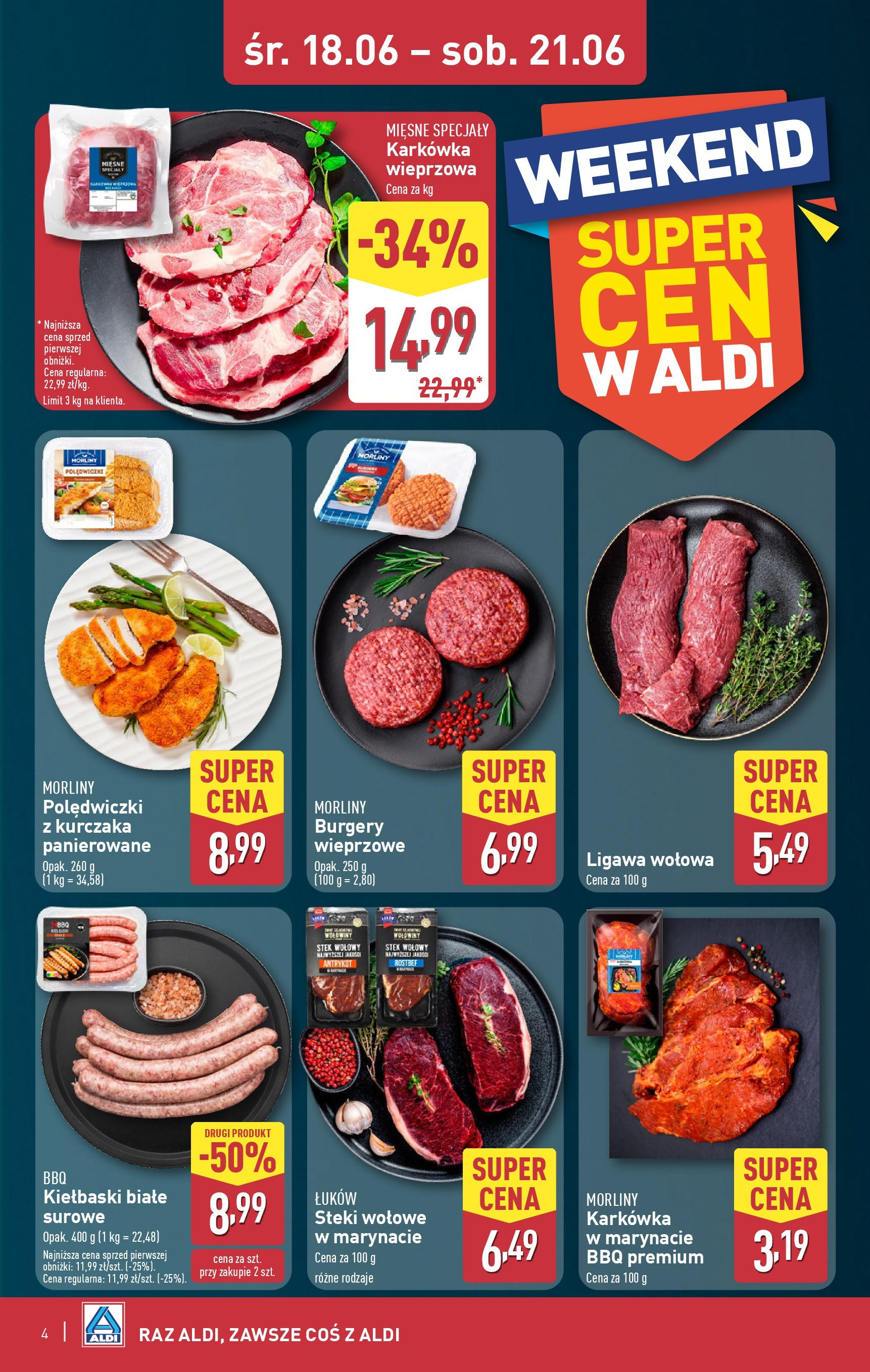 Aldi Gazetka - Okazje na weekend od 18.06.2025 - Ulotka PDF, promocje | Strona: 4 | Produkty: Karkówka, Karkówka wieprzowa, Steki, Kiełbaski