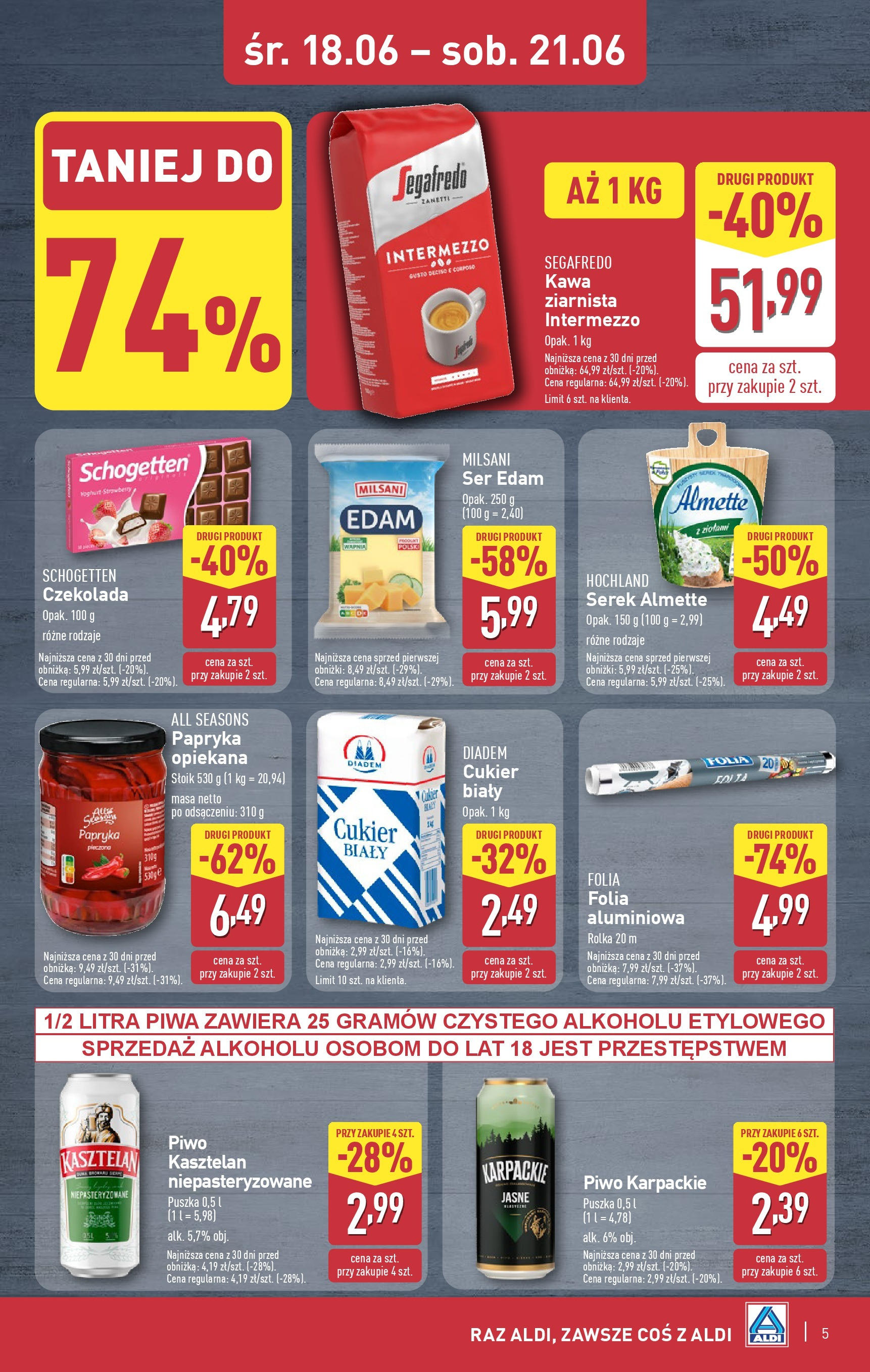 Aldi Gazetka - Okazje na weekend od 18.06.2025 - Ulotka PDF, promocje | Strona: 5 | Produkty: Cukier biały, Ser, Kawa, Piwo