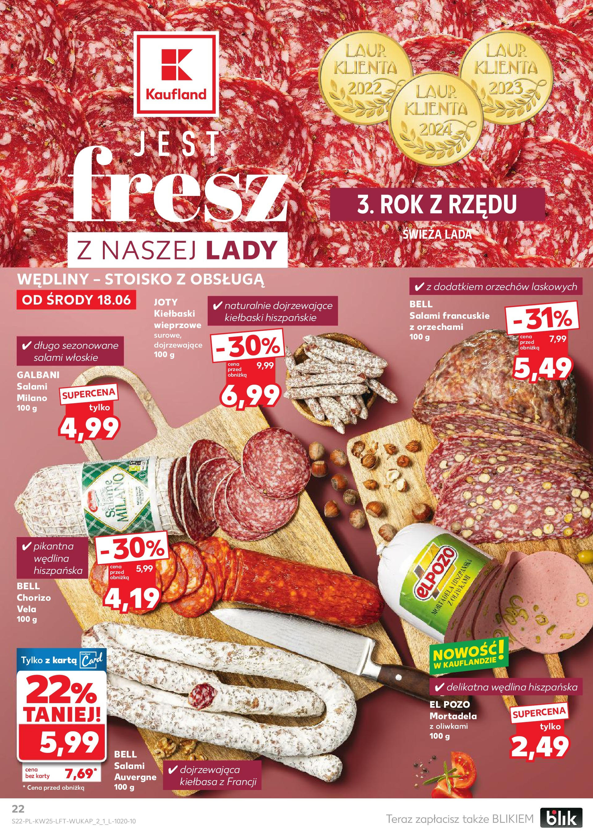 Kaufland gazetka od 18.06.2025 - od jutra PDF | Strona: 22 | Produkty: Karta, Bell, Kiełbaski, Salami
