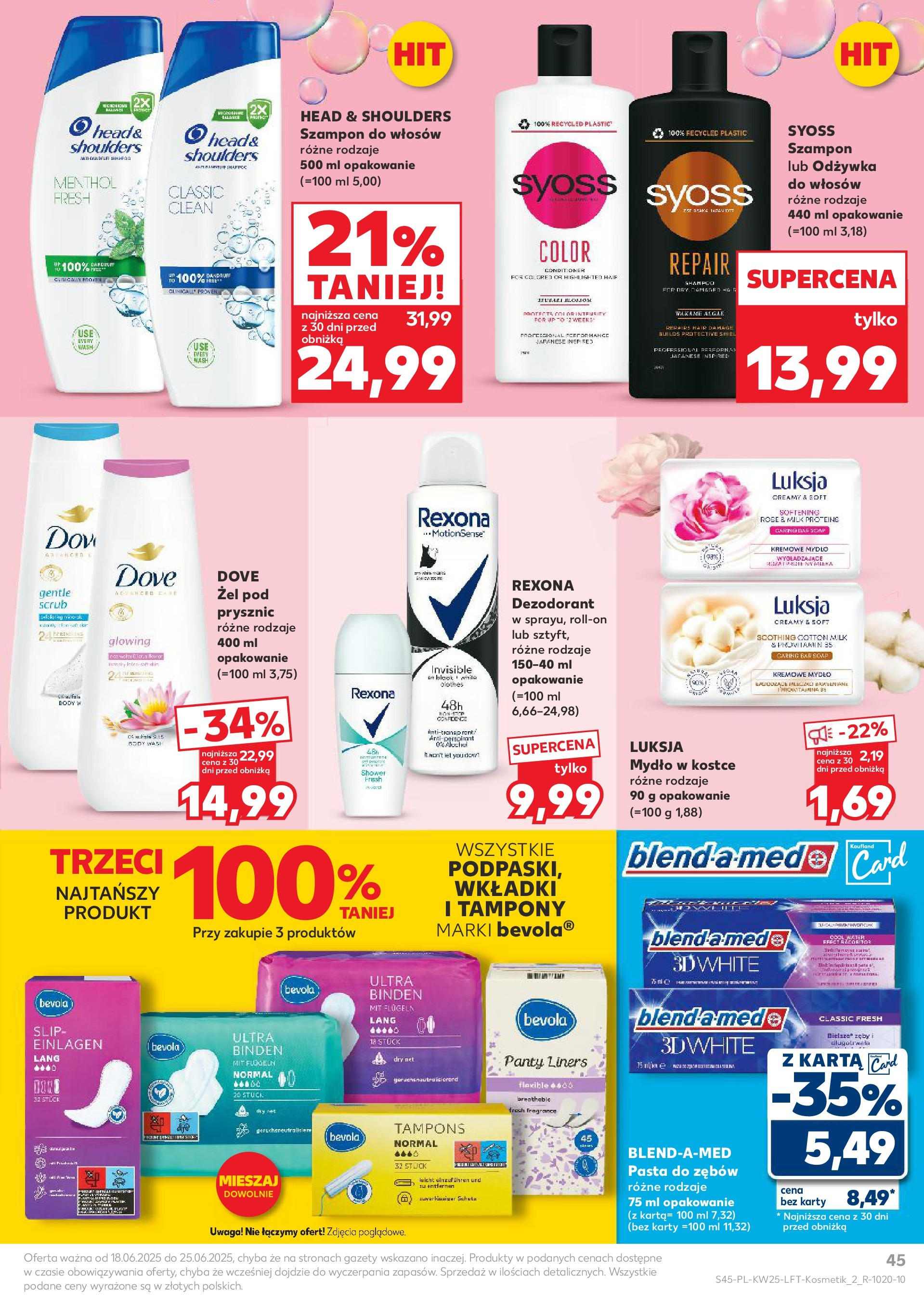 Kaufland gazetka od 18.06.2025 - od jutra PDF | Strona: 45 | Produkty: Tampony, Prysznic, Szampon, Odżywka