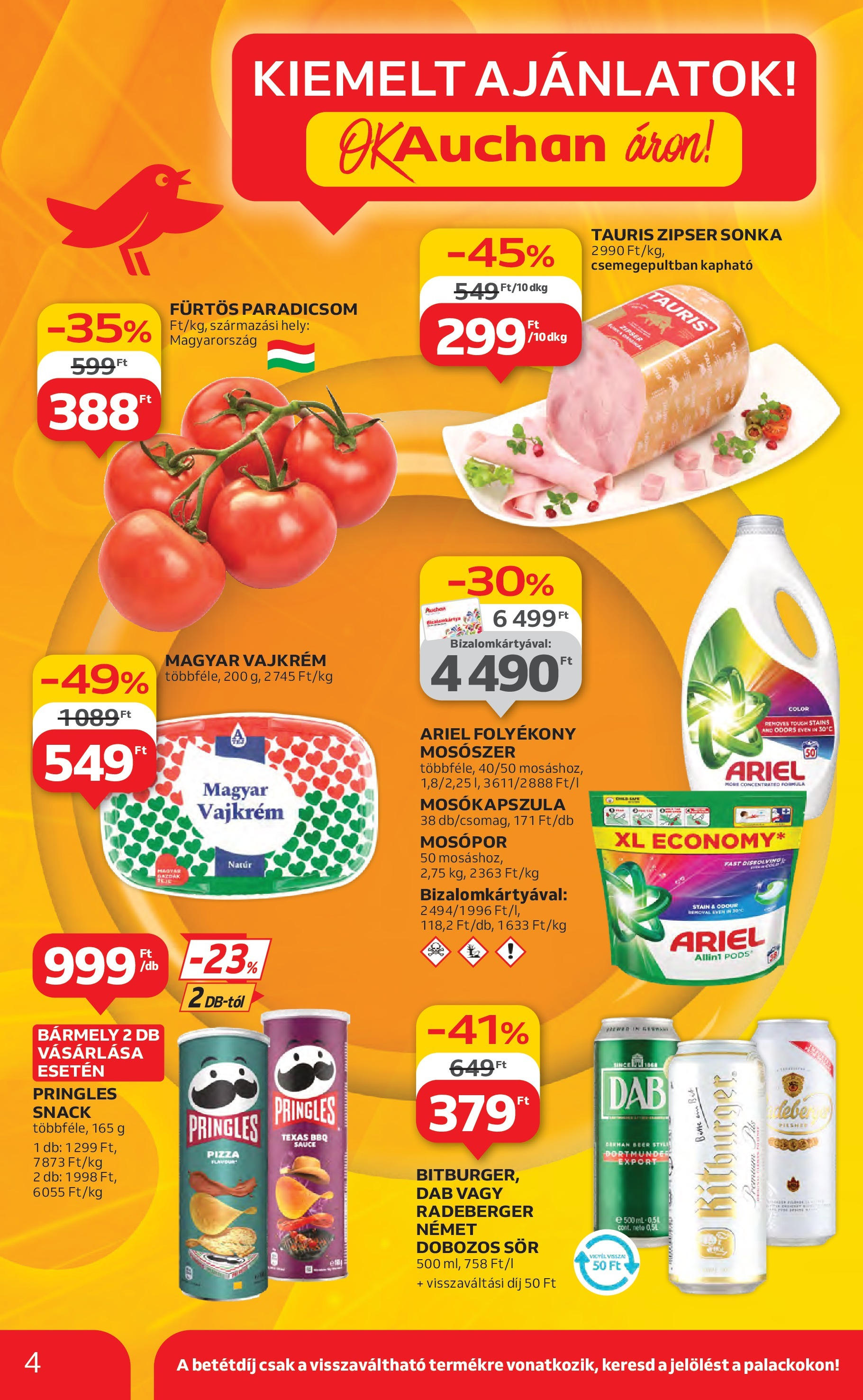Auchan Akciós újság - 2025.06.19. -tól/töl > akció, lapozható szórólap 🛍️ | Oldal: 4 | Termékek: Ariel, Chips, Sör, Vajkrém