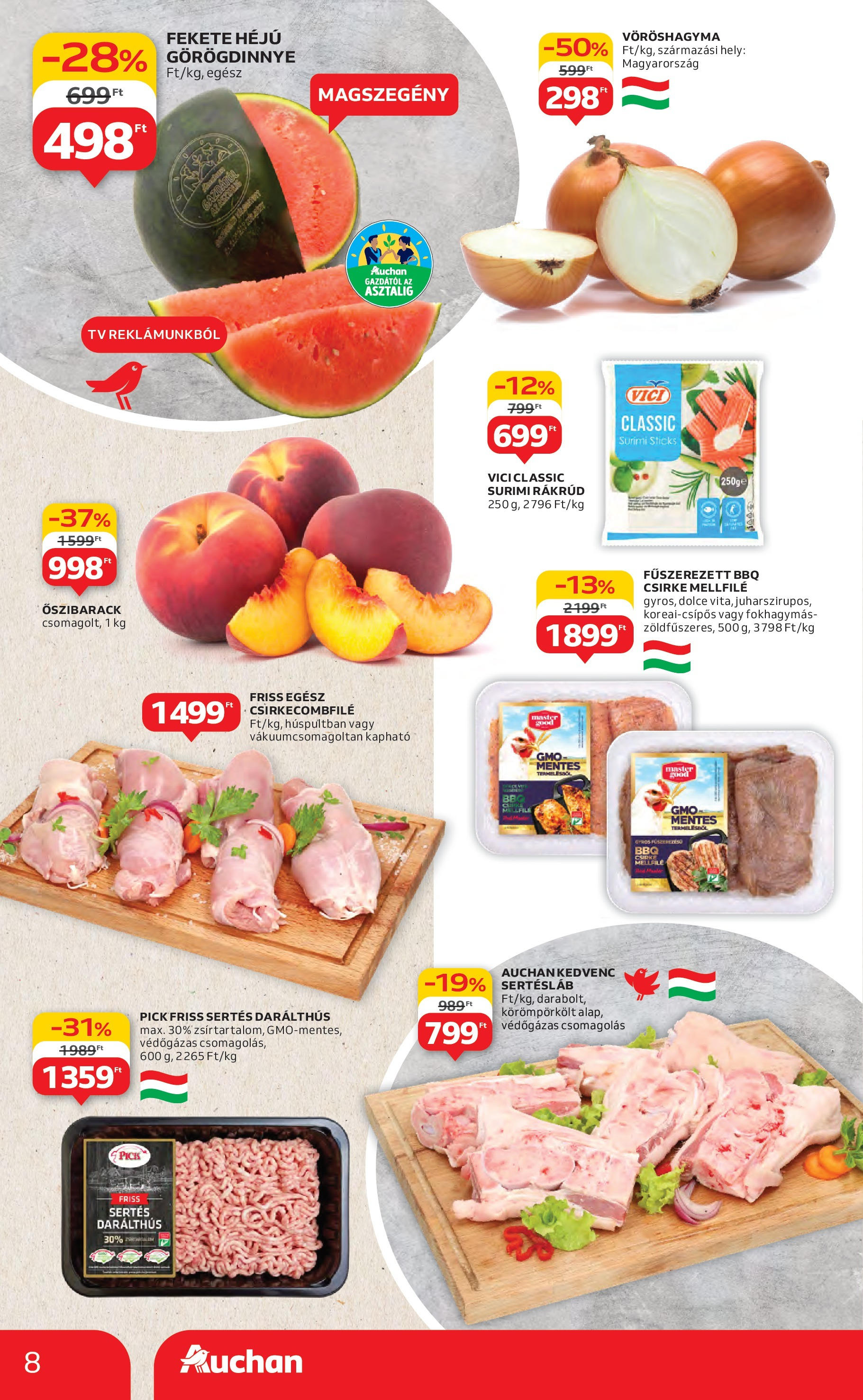 Auchan Akciós újság - 2025.06.19. -tól/töl > akció, lapozható szórólap 🛍️ | Oldal: 8 | Termékek: Őszibarack, Vöröshagyma, Pick, TV