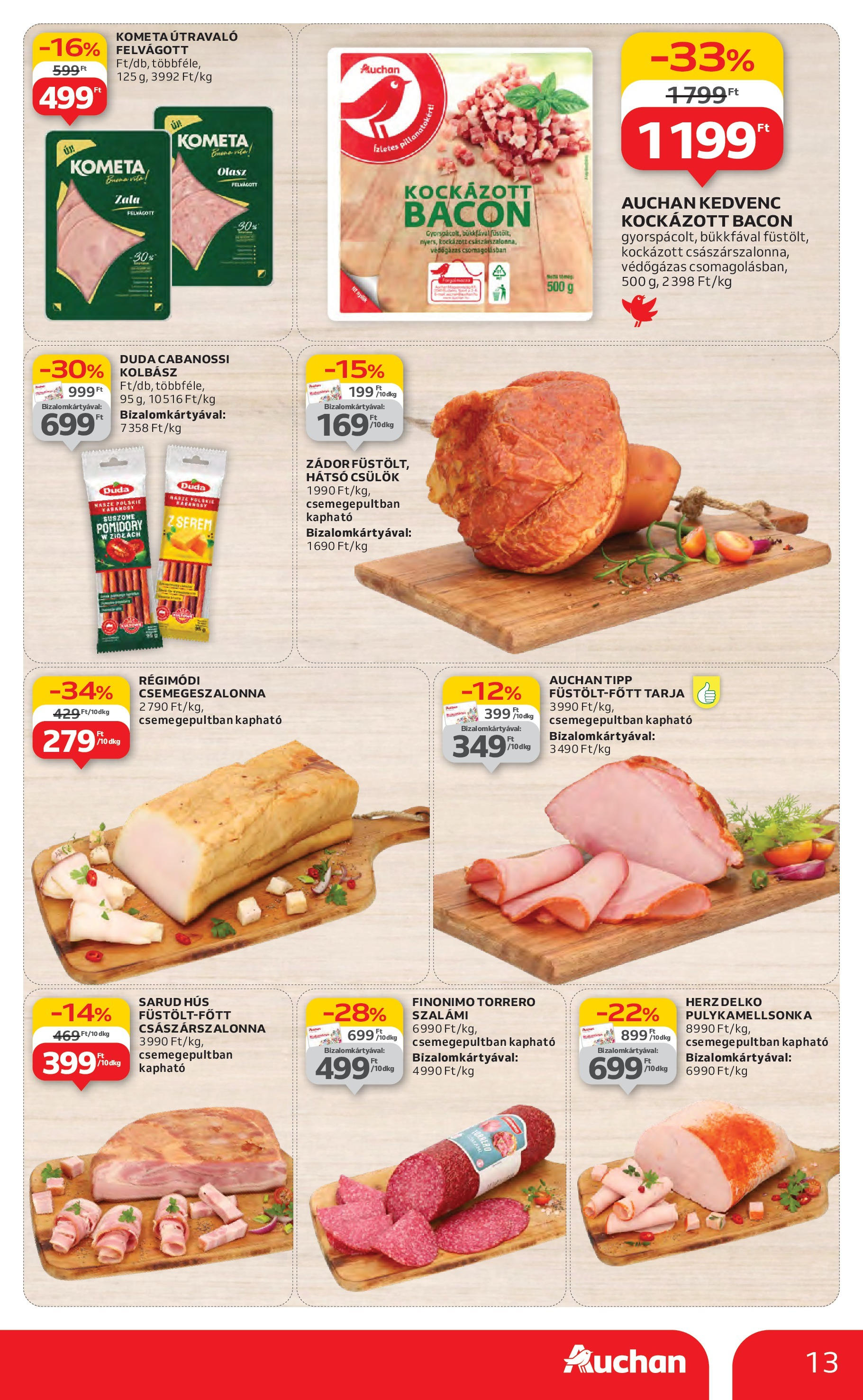 Auchan Akciós újság - 2025.06.19. -tól/töl > akció, lapozható szórólap 🛍️ | Oldal: 13 | Termékek: Kockázott bacon, Kolbász, Tarja, Szalámi