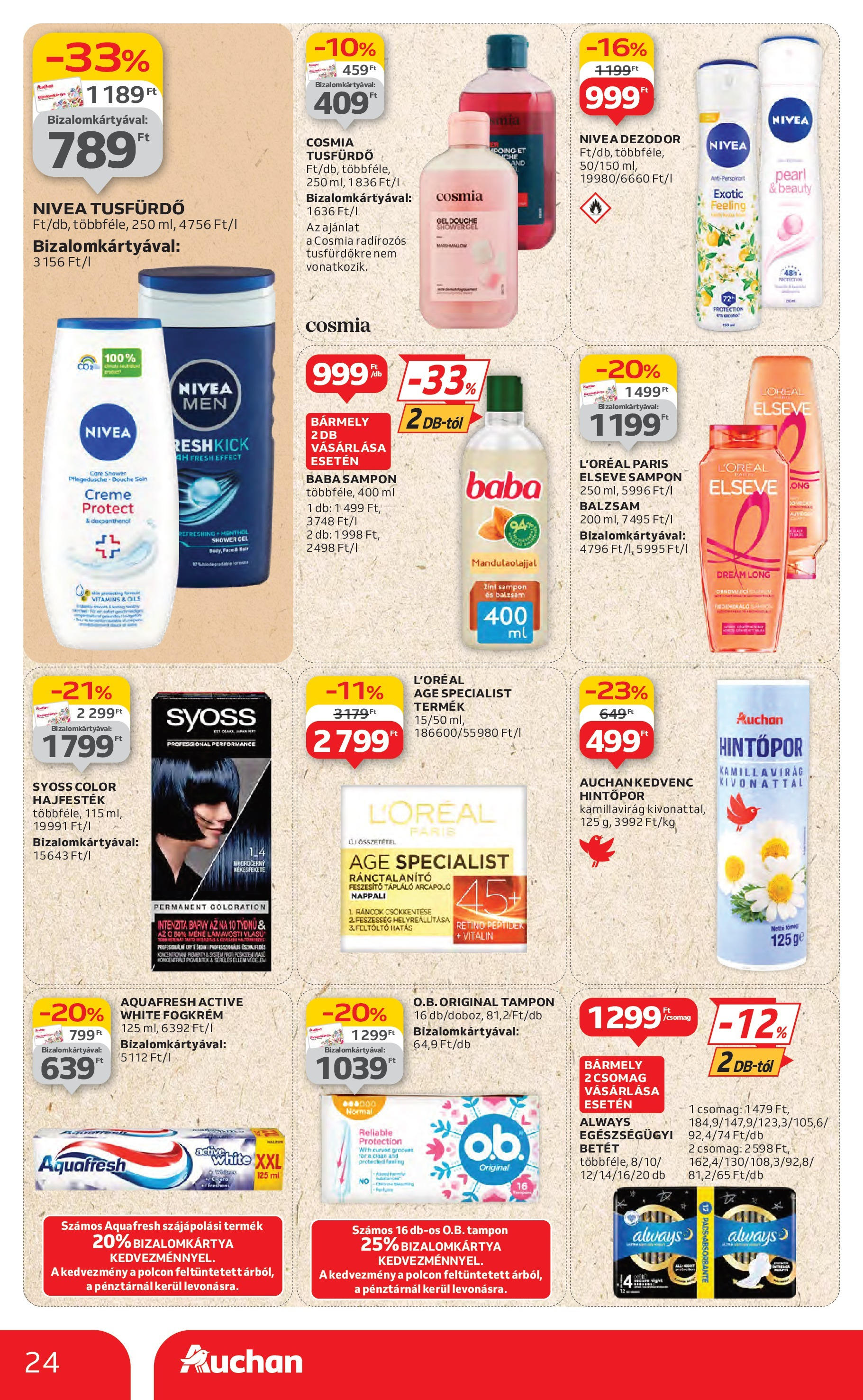 Auchan Akciós újság - 2025.06.19. -tól/töl > akció, lapozható szórólap 🛍️ | Oldal: 24 | Termékek: Hajfesték, Sampon, Dezodor, Fogkrém