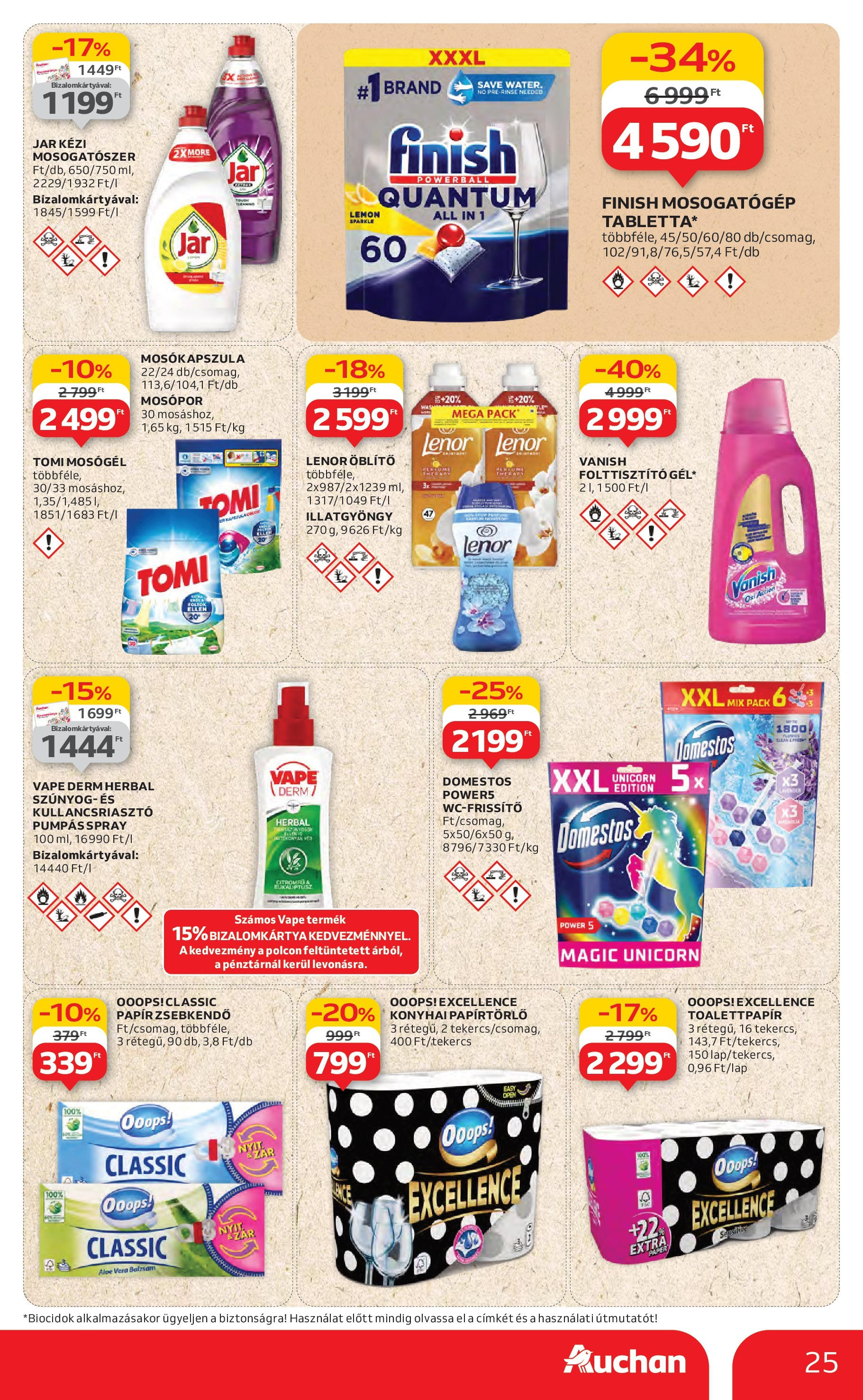 Auchan Akciós újság - 2025.06.19. -tól/töl > akció, lapozható szórólap 🛍️ | Oldal: 25 | Termékek: Mosogatógép, Kullancsriasztó, Mosógél, Öblítő