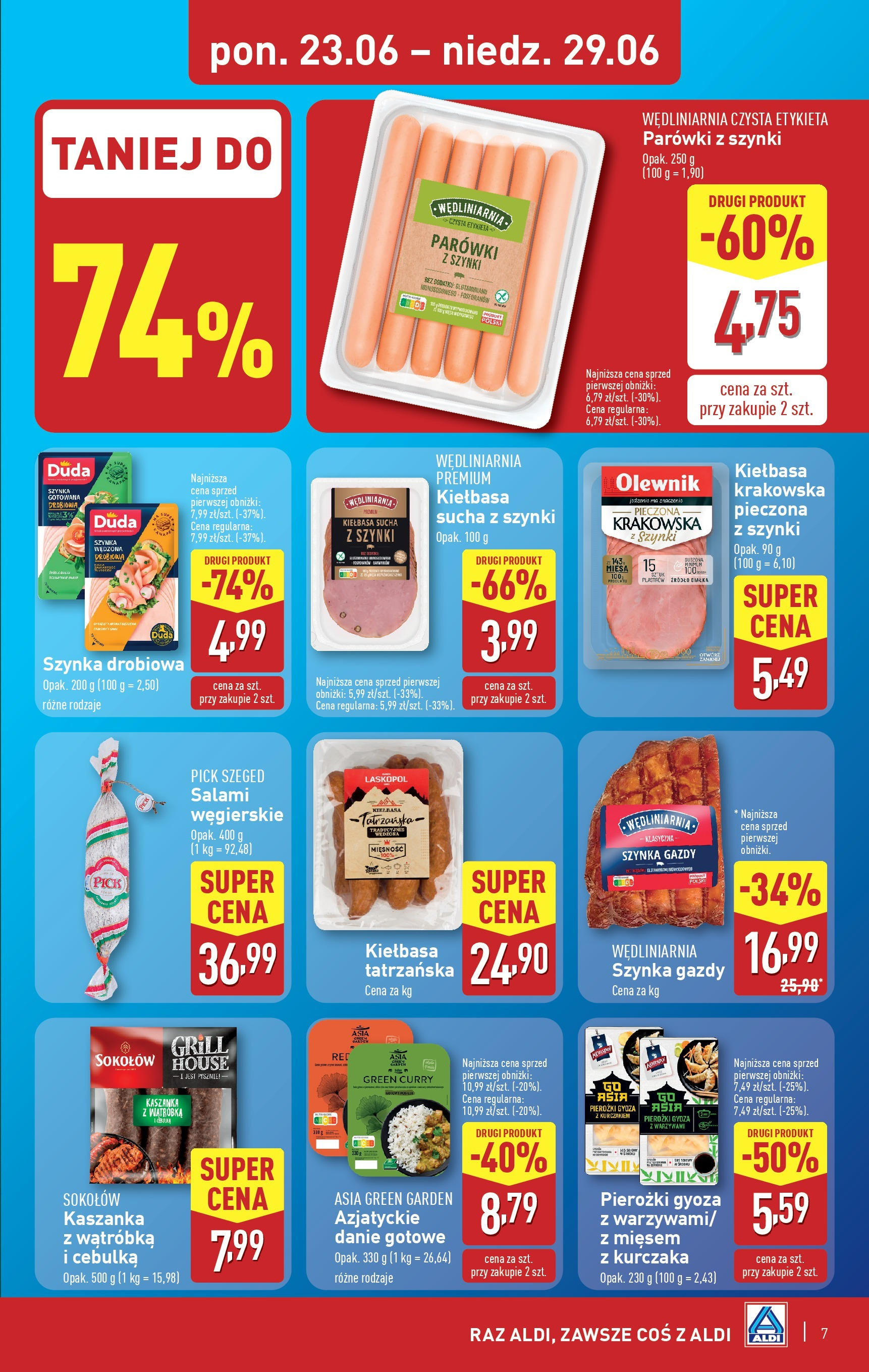 Aldi Gazetka od 23.06.2025 - Ulotka PDF, promocje | Strona: 7 | Produkty: Kaszanka, Szynka, Kiełbasa krakowska, Salami