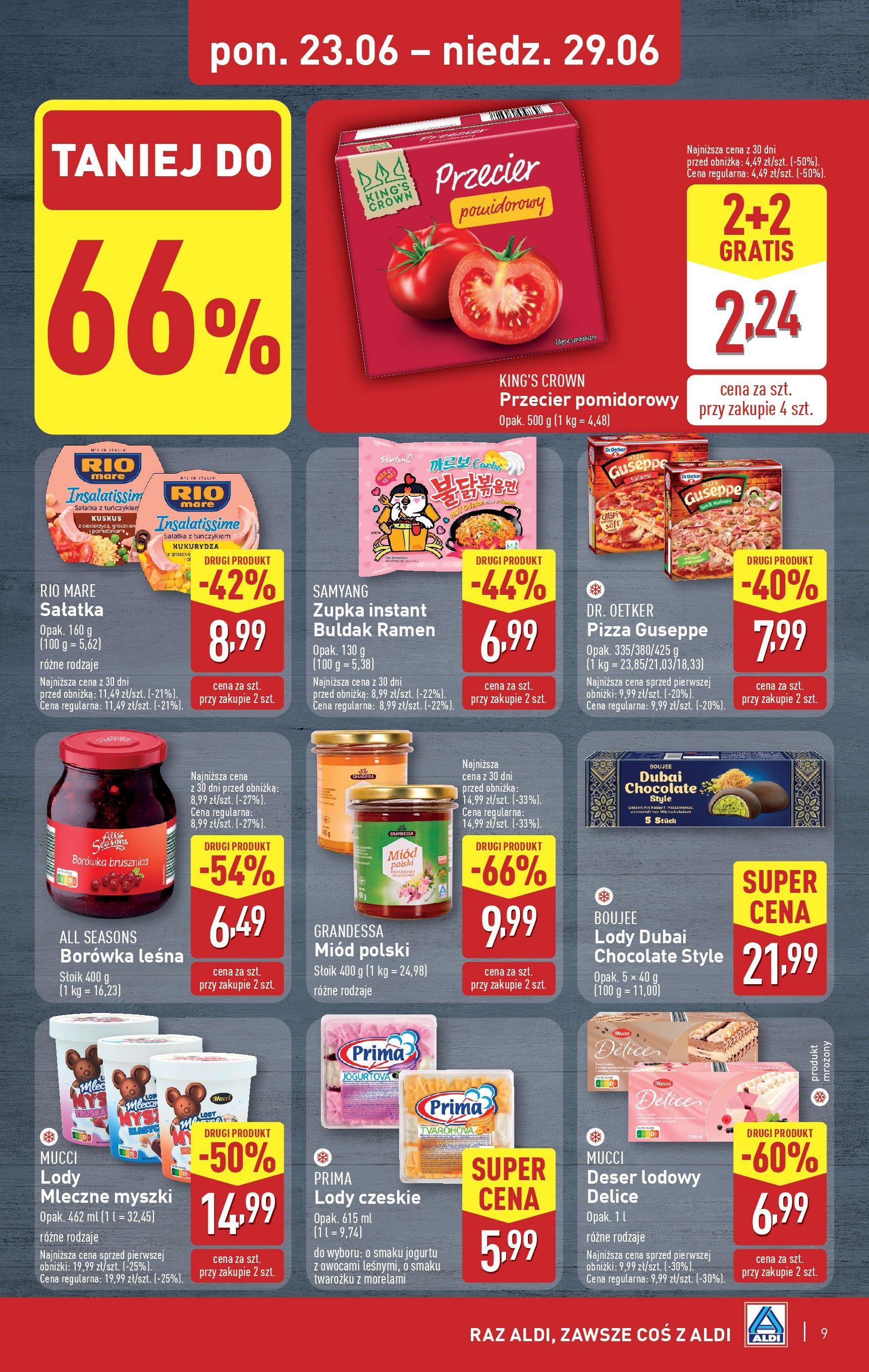 Aldi Gazetka od 23.06.2025 - Ulotka PDF, promocje | Strona: 9 | Produkty: Przecier pomidorowy, Kukurydza, Sałatka z tuńczykiem, Lody