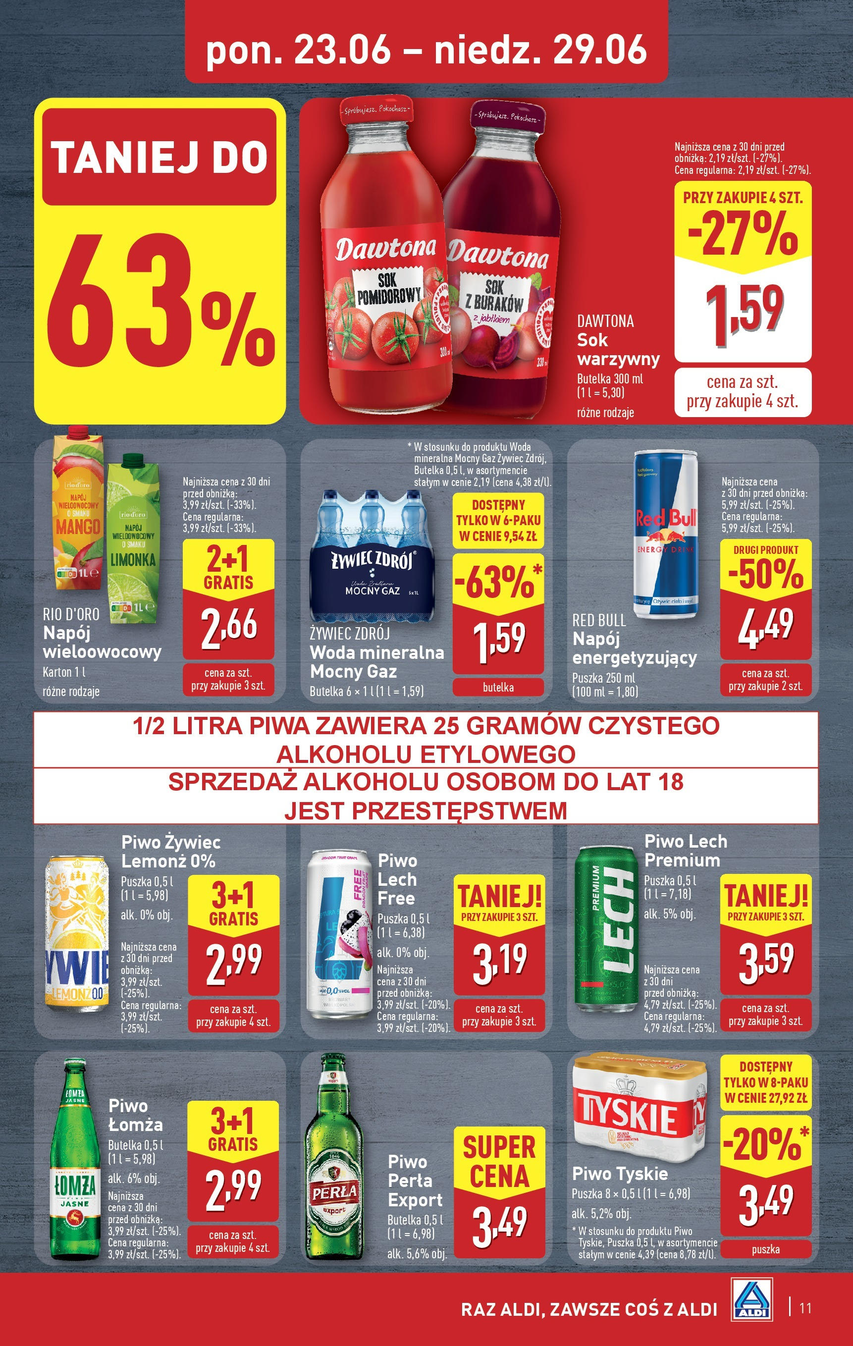 Aldi Gazetka od 23.06.2025 - Ulotka PDF, promocje | Strona: 11 | Produkty: Limonka, Tyskie, Sok, Piwo