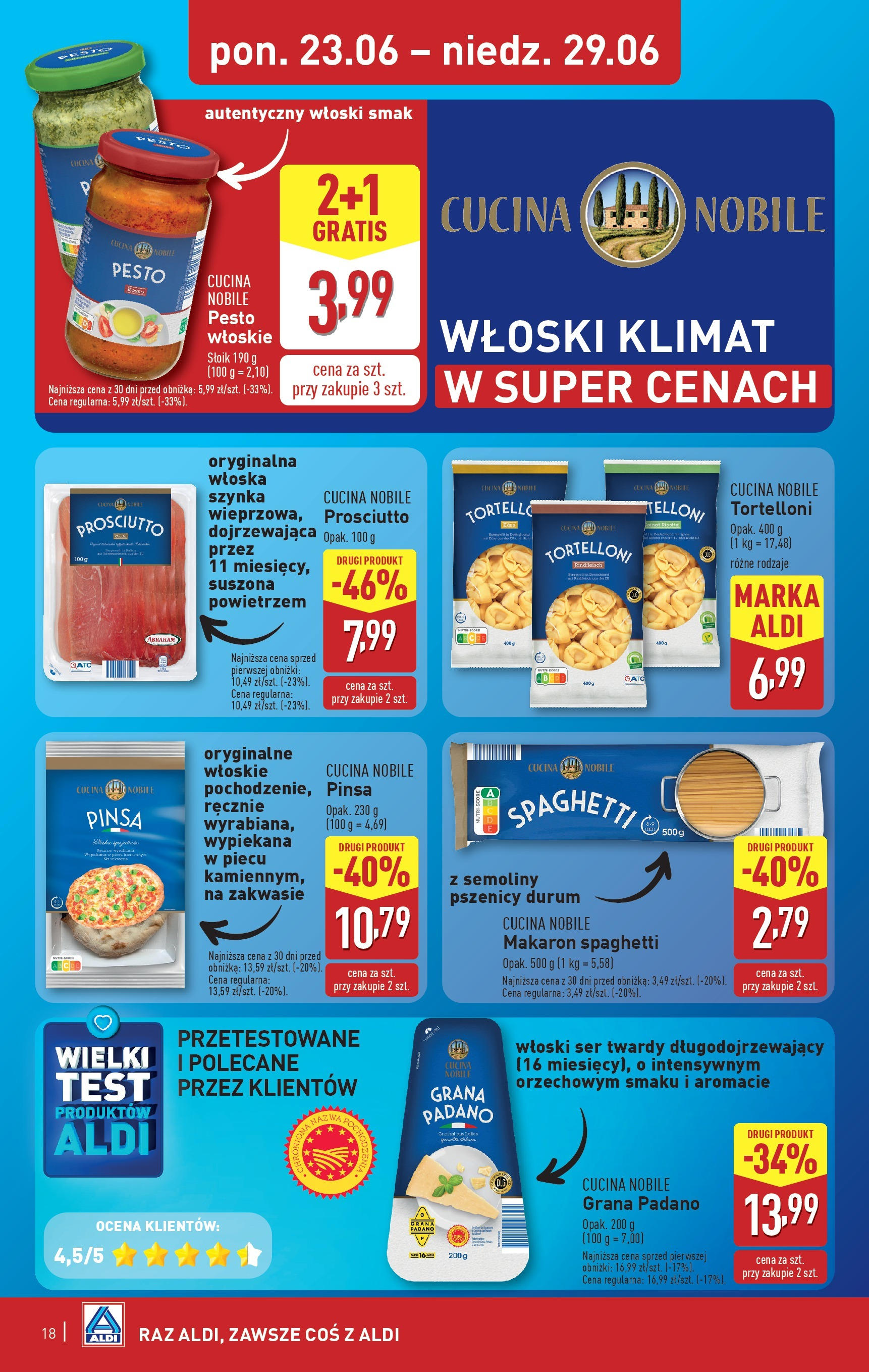 Aldi Gazetka od 23.06.2025 - Ulotka PDF, promocje | Strona: 18 | Produkty: Szynka, Pesto, Pinsa, Makaron