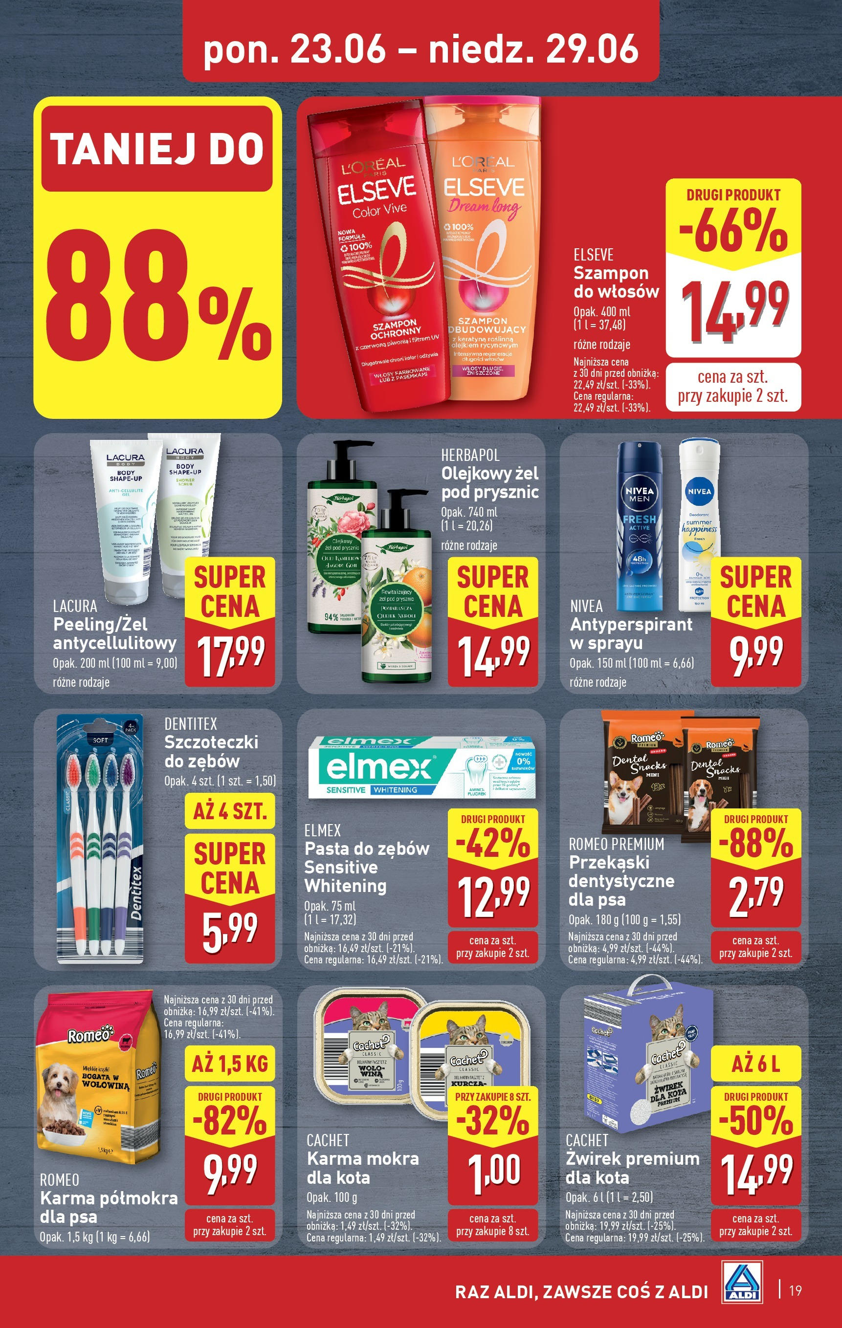 Aldi Gazetka od 23.06.2025 - Ulotka PDF, promocje | Strona: 19 | Produkty: Karma mokra dla kota, Szampon, Body, Antyperspirant