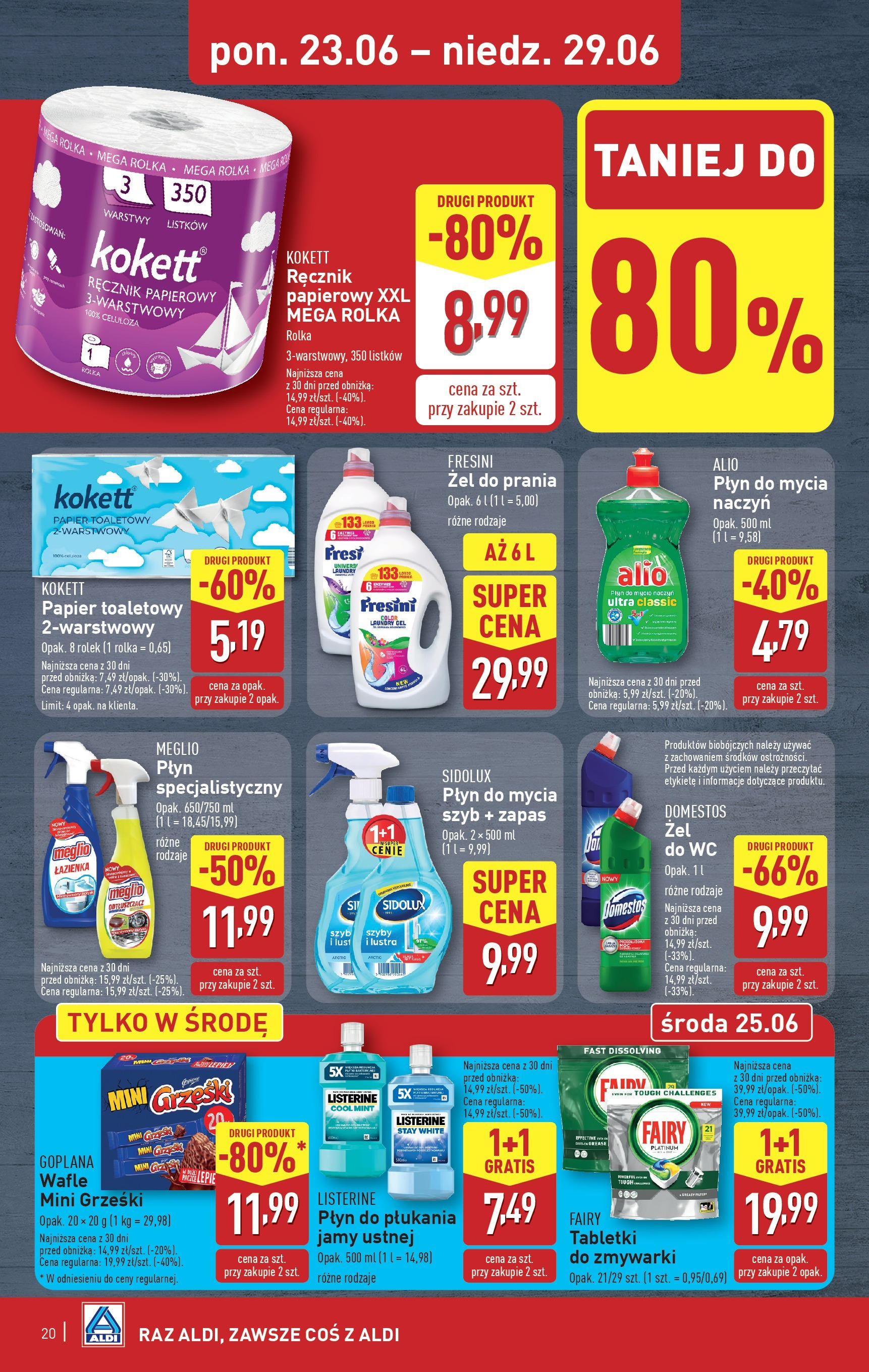 Aldi Gazetka od 23.06.2025 - Ulotka PDF, promocje | Strona: 20 | Produkty: Domestos, Fairy, Ręcznik papierowy, Tabletki do zmywarki