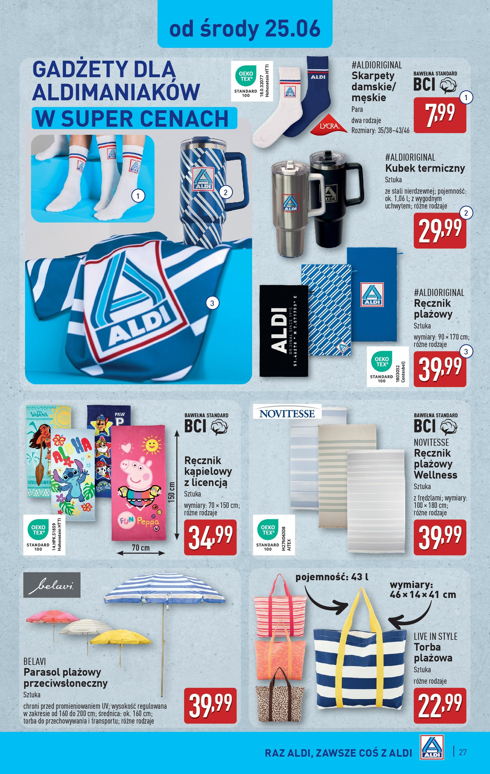 Aldi Gazetka od 23.06.2025 - Ulotka PDF, promocje | Strona: 27 | Produkty: Skarpety, Parasol, Torba