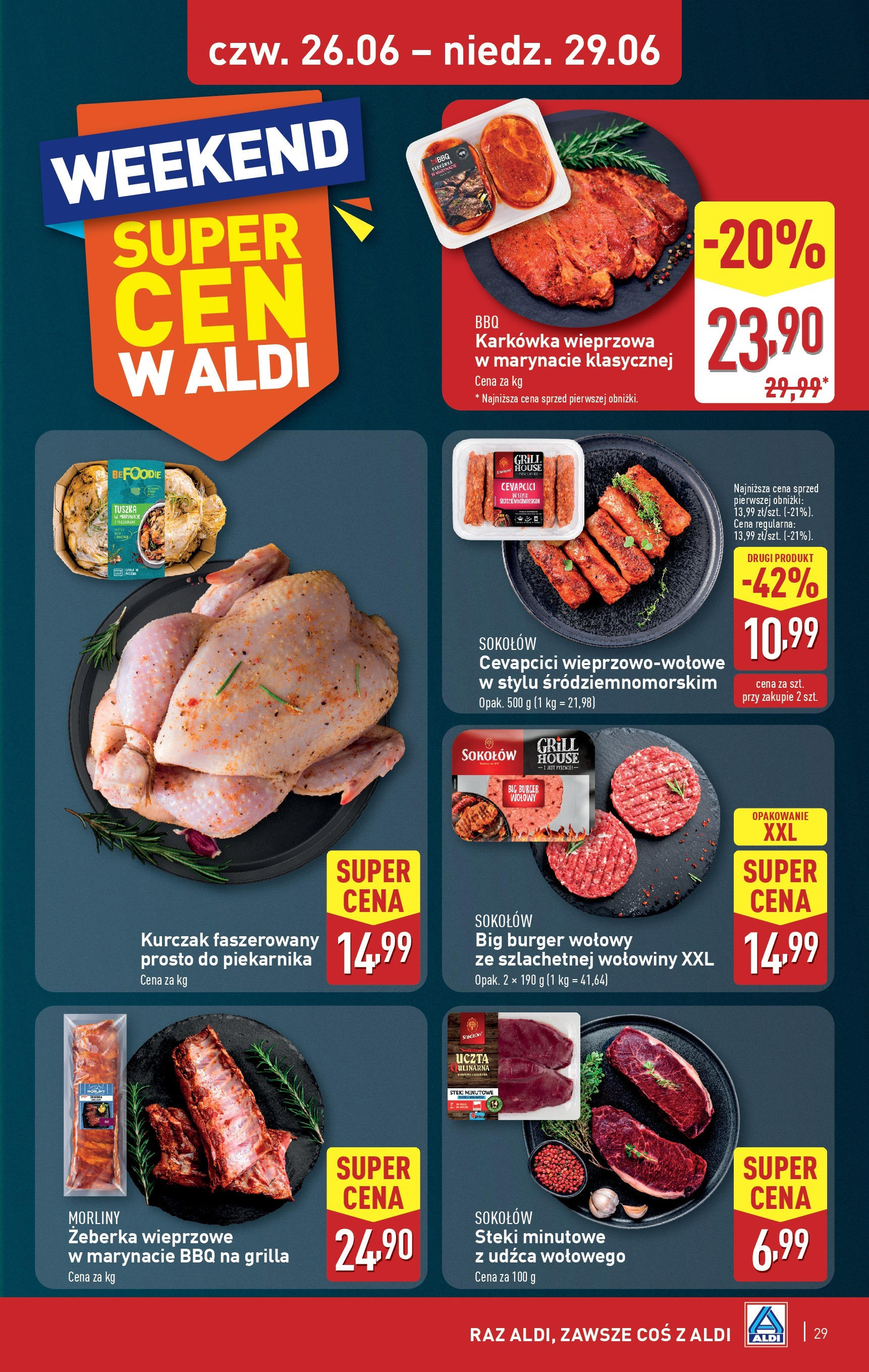 Aldi Gazetka od 23.06.2025 - Ulotka PDF, promocje | Strona: 29 | Produkty: Burger wołowy, Karkówka, Karkówka wieprzowa, Steki