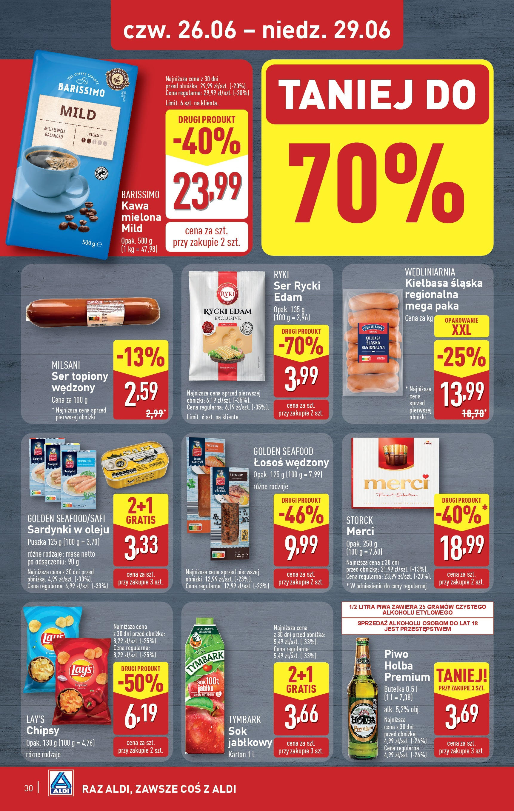 Aldi Gazetka od 23.06.2025 - Ulotka PDF, promocje | Strona: 30 | Produkty: Sok jabłkowy, Merci, Łosoś, Sok