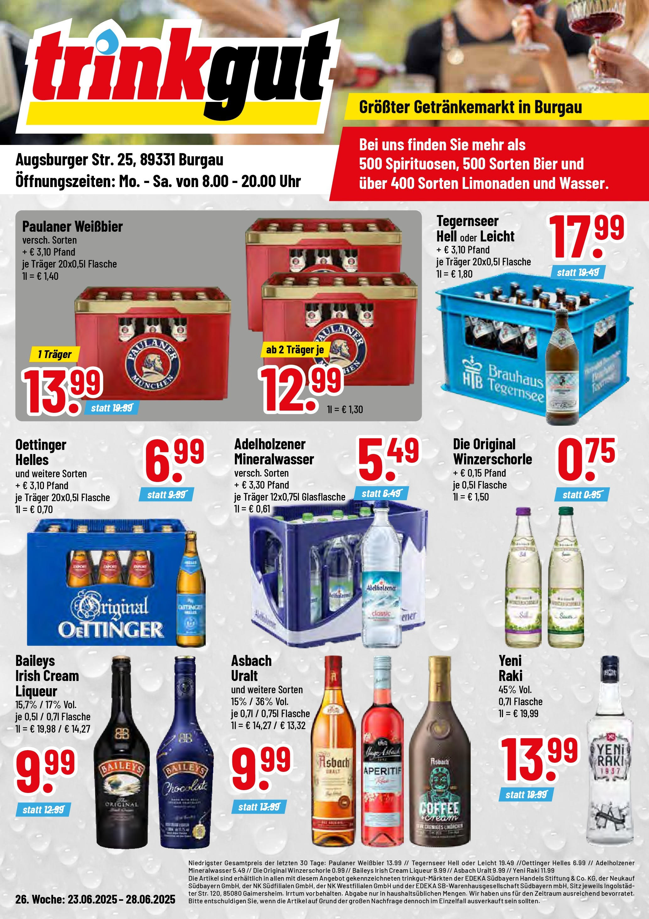Trinkgut prospekt Burgau	 (ab 22.06.2025) » Angebote online | Seite: 1 | Produkte: Weißbier, Adelholzener, Mineralwasser, Paulaner